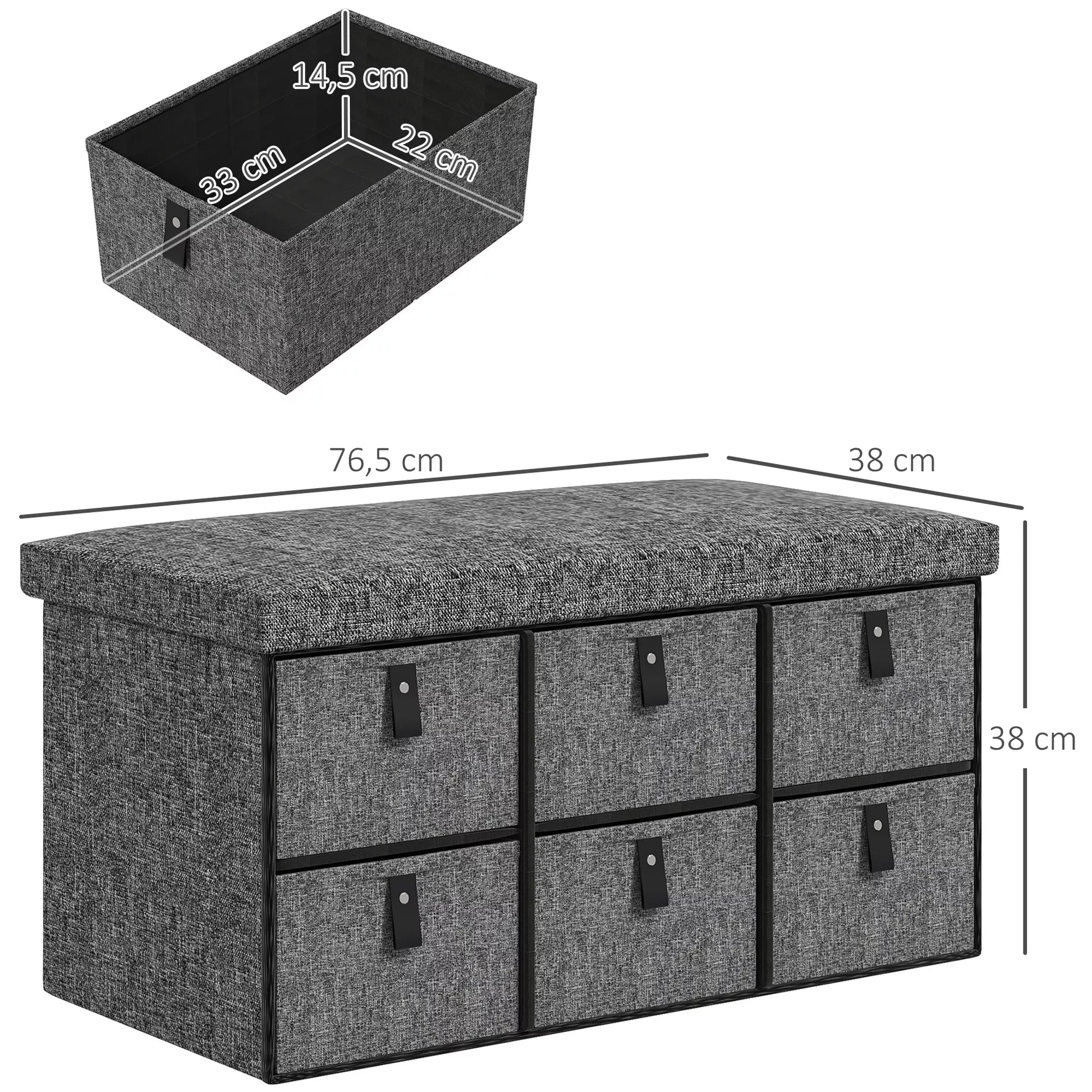 Paminkštinta batų suoliukų spintelė, 6 skyriai avalynei, MDF rėmas, lininės išvaizdos, pilka