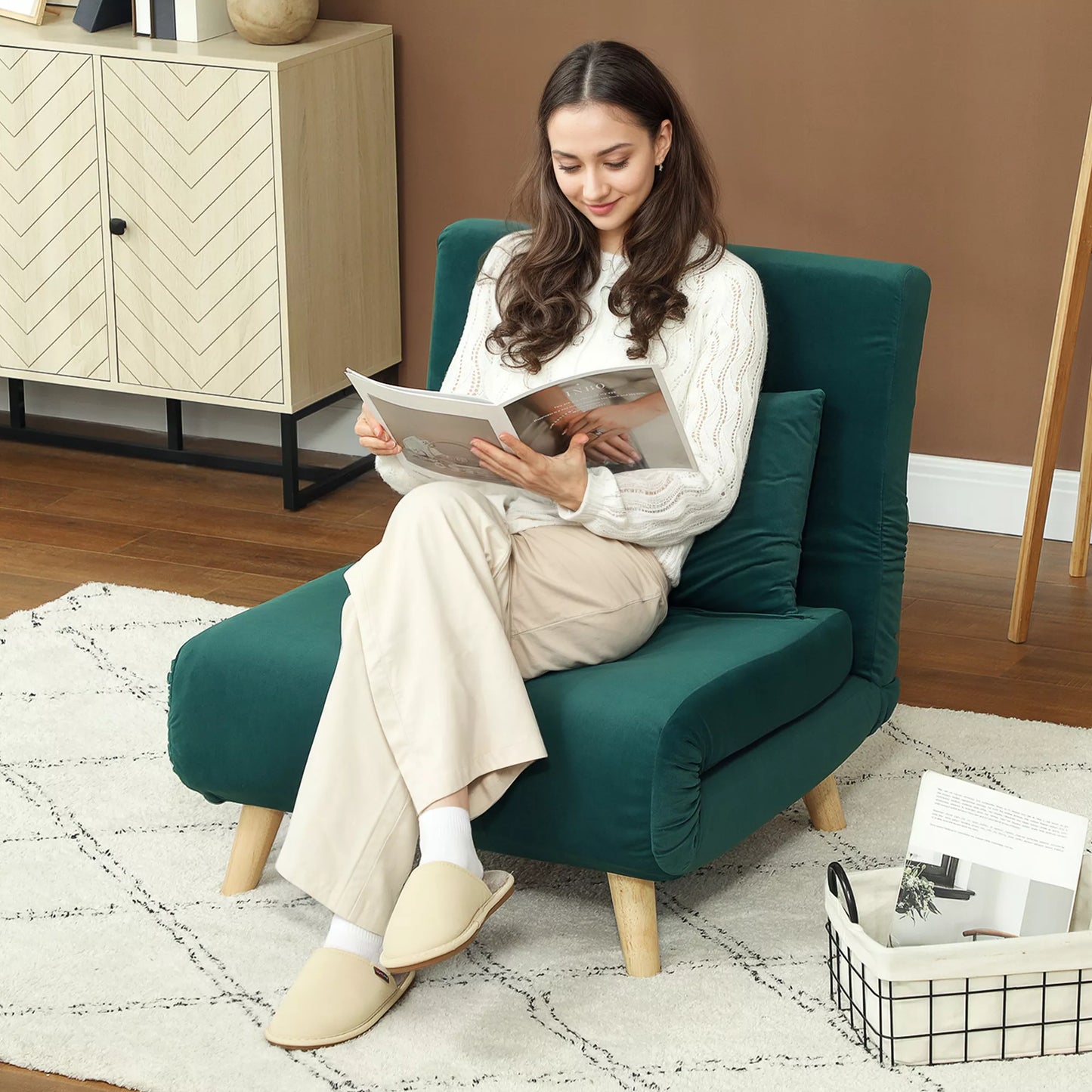 Sulankstoma kėdė su miegojimo funkcija, sulankstomas poilsio krėslas su aksomo išvaizda, reguliuojama atlošas, atlaiko iki 120 kg, tamsiai žalia