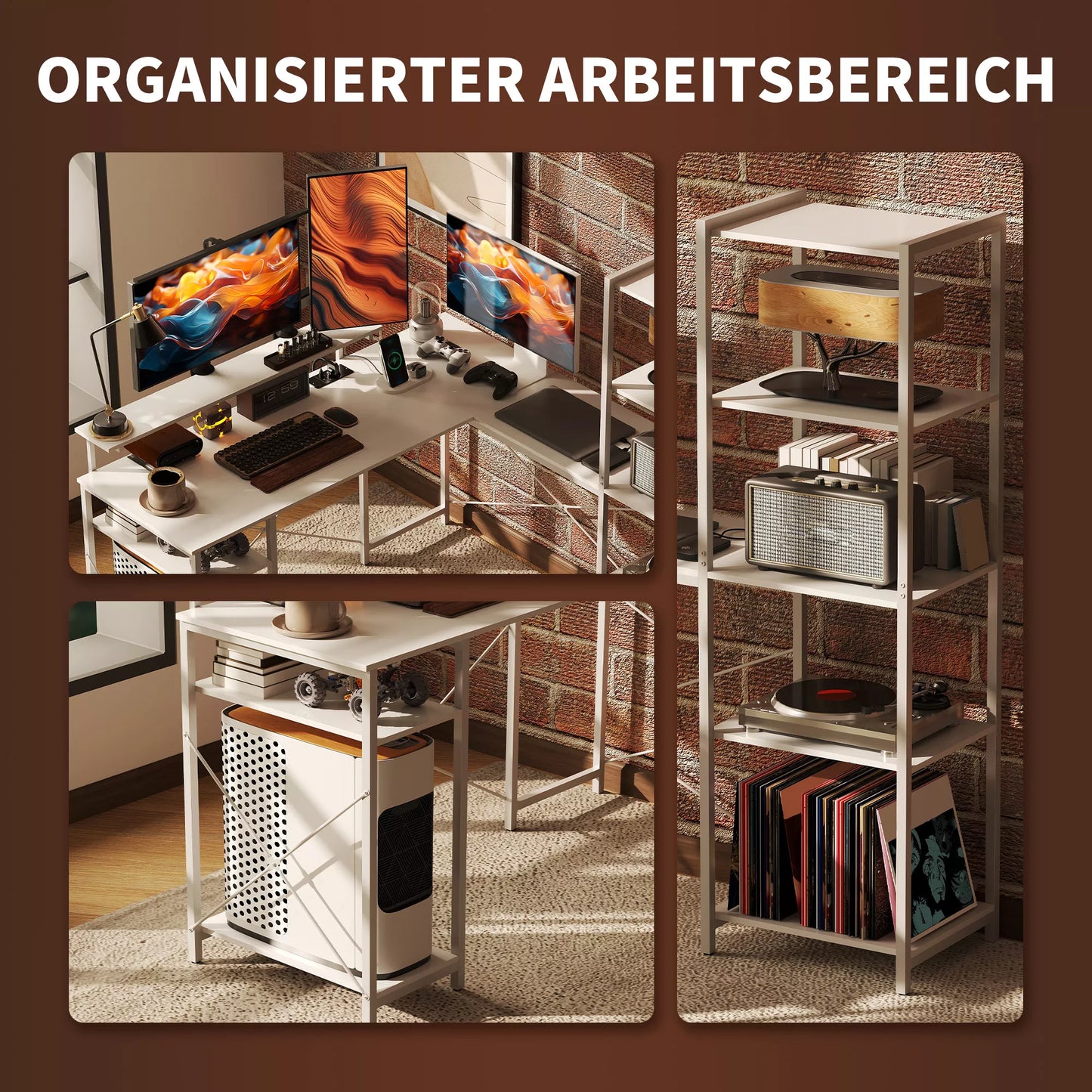 L formos kampinis stalas su įkrovimo stotele, monitoriaus laikikliu ir lentynomis, skirtas namų biurui, baltas