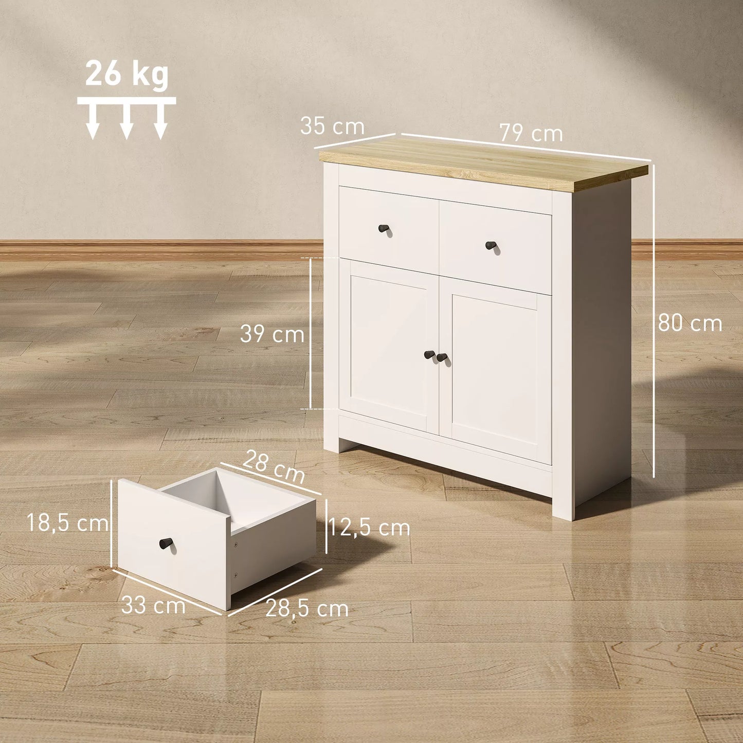 Komoda su daug saugojimo vietos, bufetas su minkštai uždaromomis durelėmis, 2 stalčiais, reguliuojama lentyna, balta