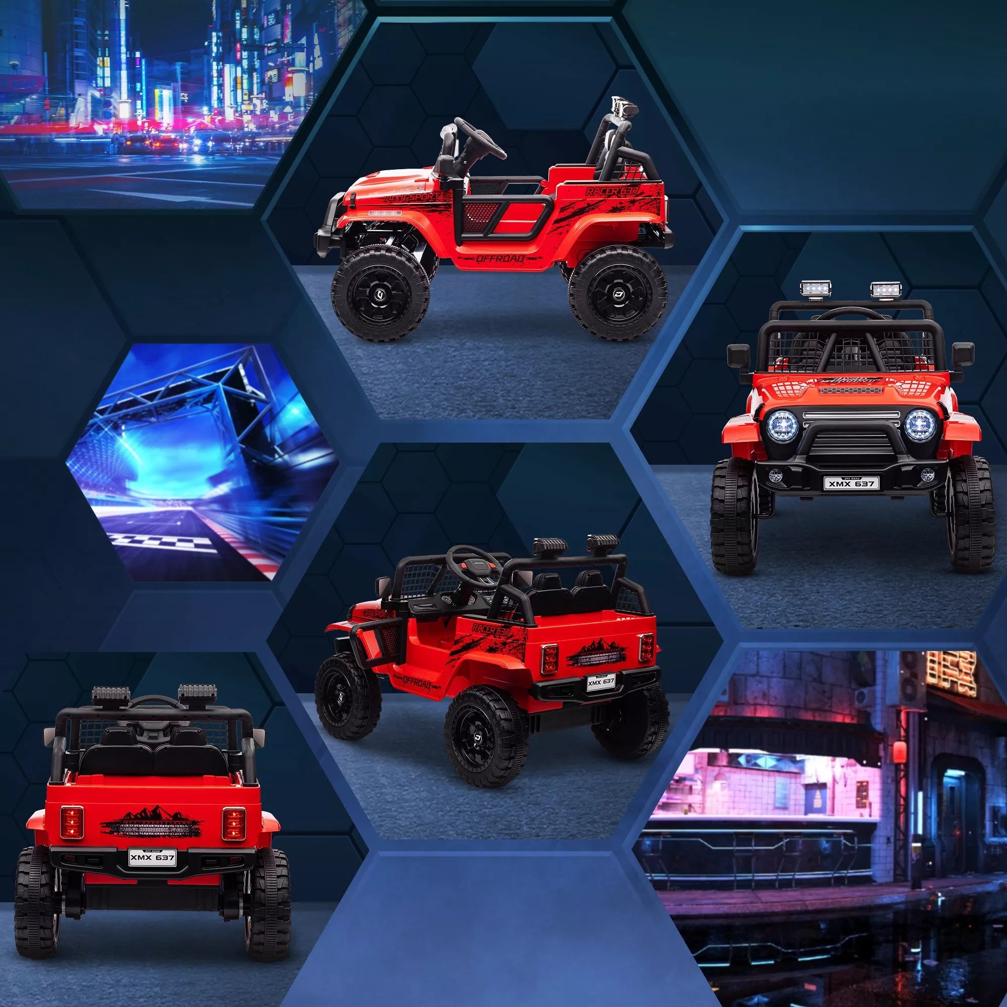 Vaikų elektrinis automobilis su švelnia amortizacija, nuotolinio valdymo pultu, LED žibintais, signaline, 12 V varikliais, pagamintas iš plastiko ir metalo, raudonos spalvos.