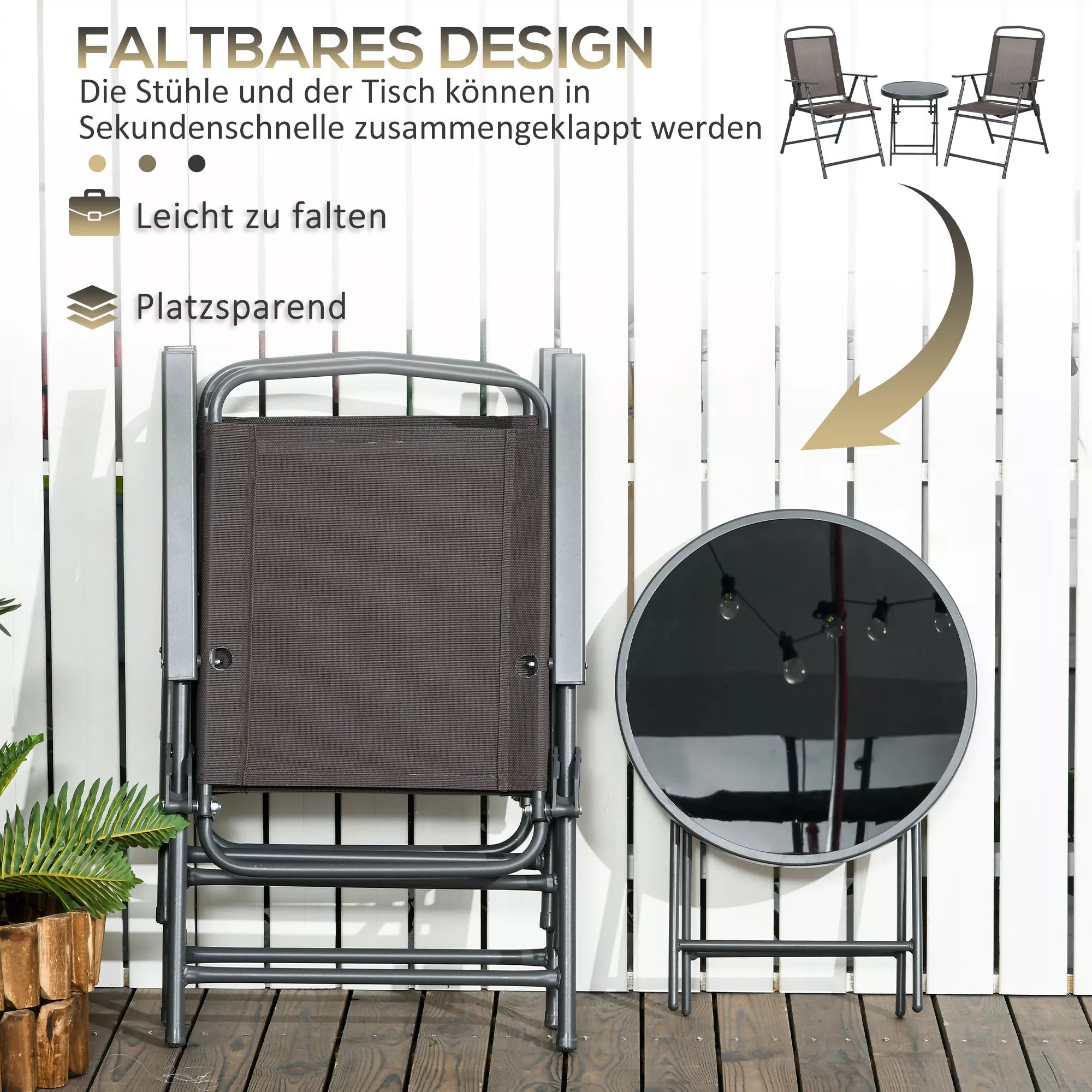 3 dalių metalinis bistro rinkinys Atsparus oro sąlygoms sodo baldų rinkinys su sulankstomu stikliniu stalu ir rudomis sodo kėdėmis