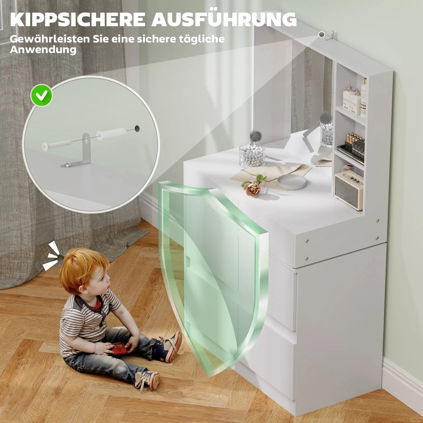 Kosmetinis staliukas, makiažo staliukas su dideliu veidrodžiu, 4 stalčiais, 3 atviromis lentynomis, 2 spintelėmis, MDF, baltas