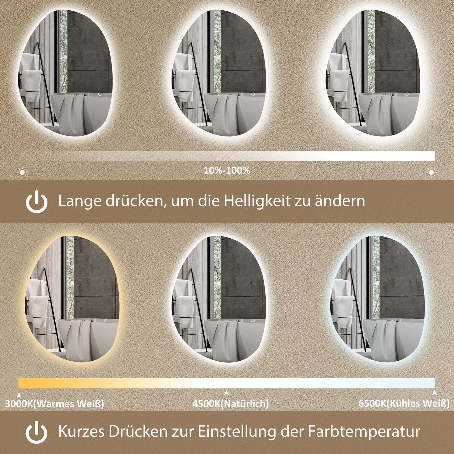 70 x 50 cm asimetrinis vonios veidrodis su LED apšvietimu, „Smart Touch“ jungikliu, apsauga nuo rasos susidarymo, sidabrinis