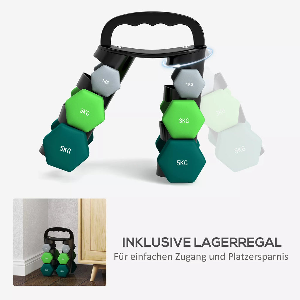 Hantelų rinkinys su laikymo stovu, rinkinys su 6 hanteliais fitneso treniruotėms, 2 x 1 kg, 2 x 3 kg, 2 x 5 kg