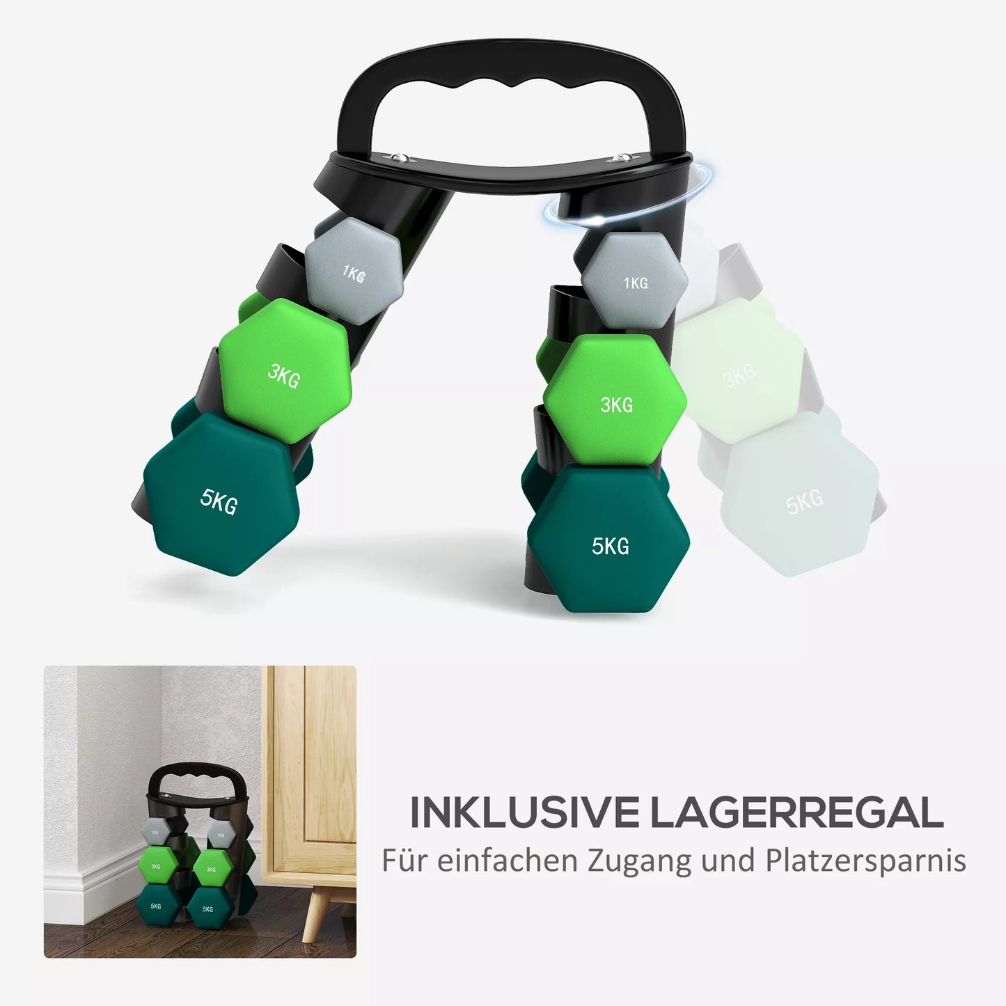 Hantelių rinkinys su laikymo stovu, 6 hantelių komplektas fitneso treniruotėms, 2 x 1kg, 2 x 3kg, 2 x 5kg