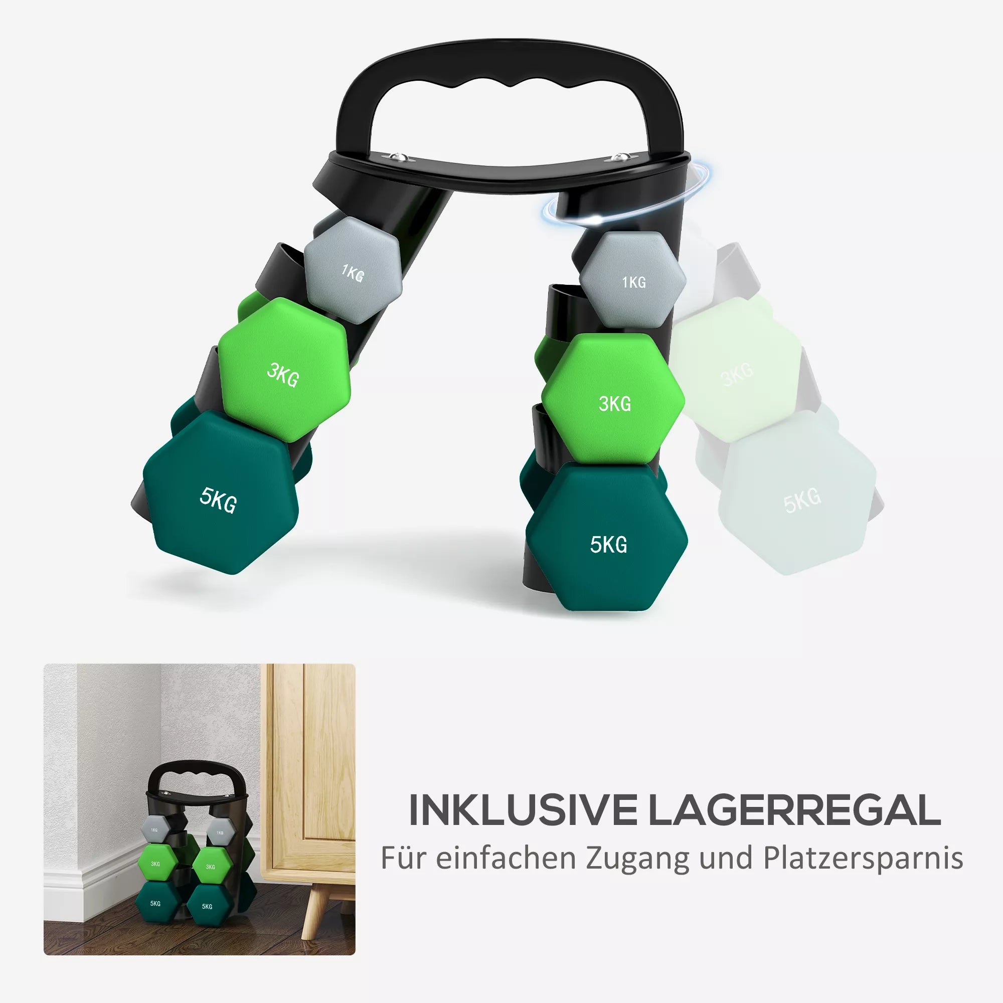 Hantelų rinkinys su laikymo stovu, rinkinys su 6 hanteliais fitneso treniruotėms, 2 x 1 kg, 2 x 3 kg, 2 x 5 kg