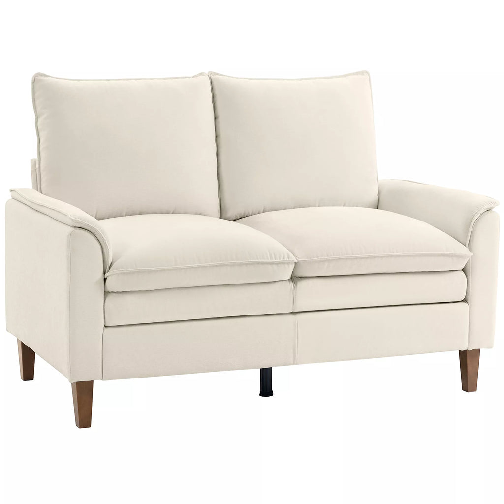 146 cm dvivietė sofa, šenilinė sofa su dviguba paminkštinimo sluoksniu, spyruoklinėmis pagalvėmis, gilia sėdimoji dalimi, aukšta atlošo dalimi, kreminės spalvos