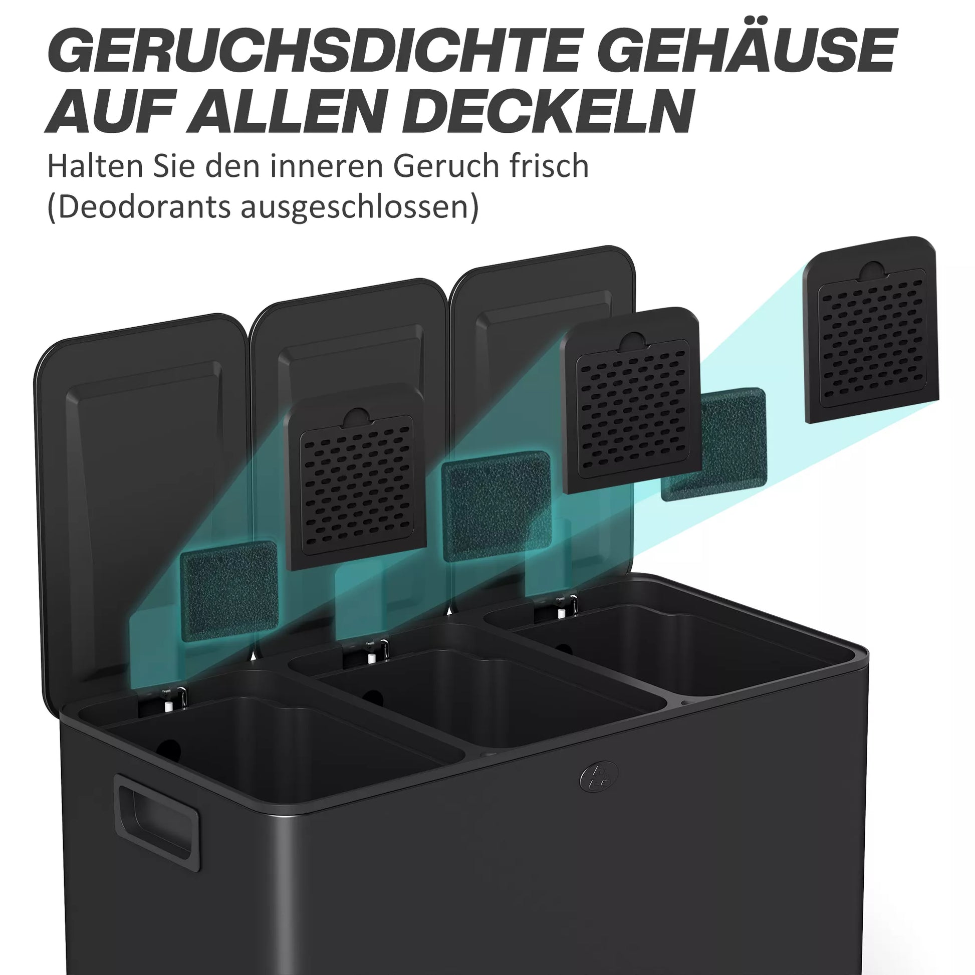 Šiukšliadėžė su 3 x 20 L skyriais, su dezodoravimo funkcija, atsparus pirštų atspaudams, su švelniu uždarymu, su išimamais skyriais, juoda