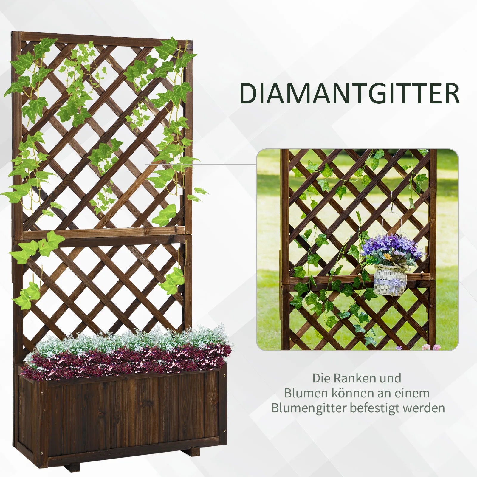 Aukštas gėlių dėžė su grotelėmis, grotelės gėlių vazonai, mediniai gėlių dėžės, 72,5x31,5x149,5 cm, skirtos sodui, balkonui, terasai, gėlių vazonai vijoklinėms gėlėms, gėlėms, rudos spalvos