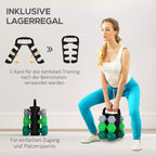 Infografika su hantelių stovo naudojimo kaip kettlebell'o galimybe ir erdvės taupymu