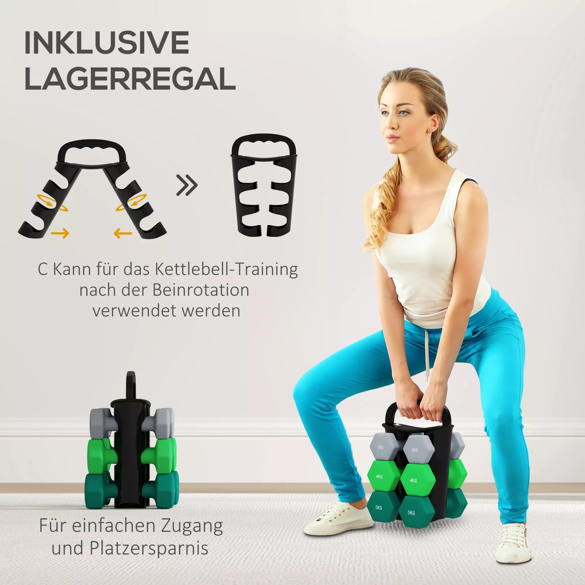 Hantelių rinkinys su stovu, 30 kg, pilka/žalia