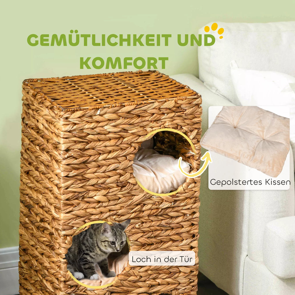 Kačių medis su draskykle, 3 aukštai, minkštos pagalvėlės, durelės, vandeninis hiacintas, šviesiai rudas
