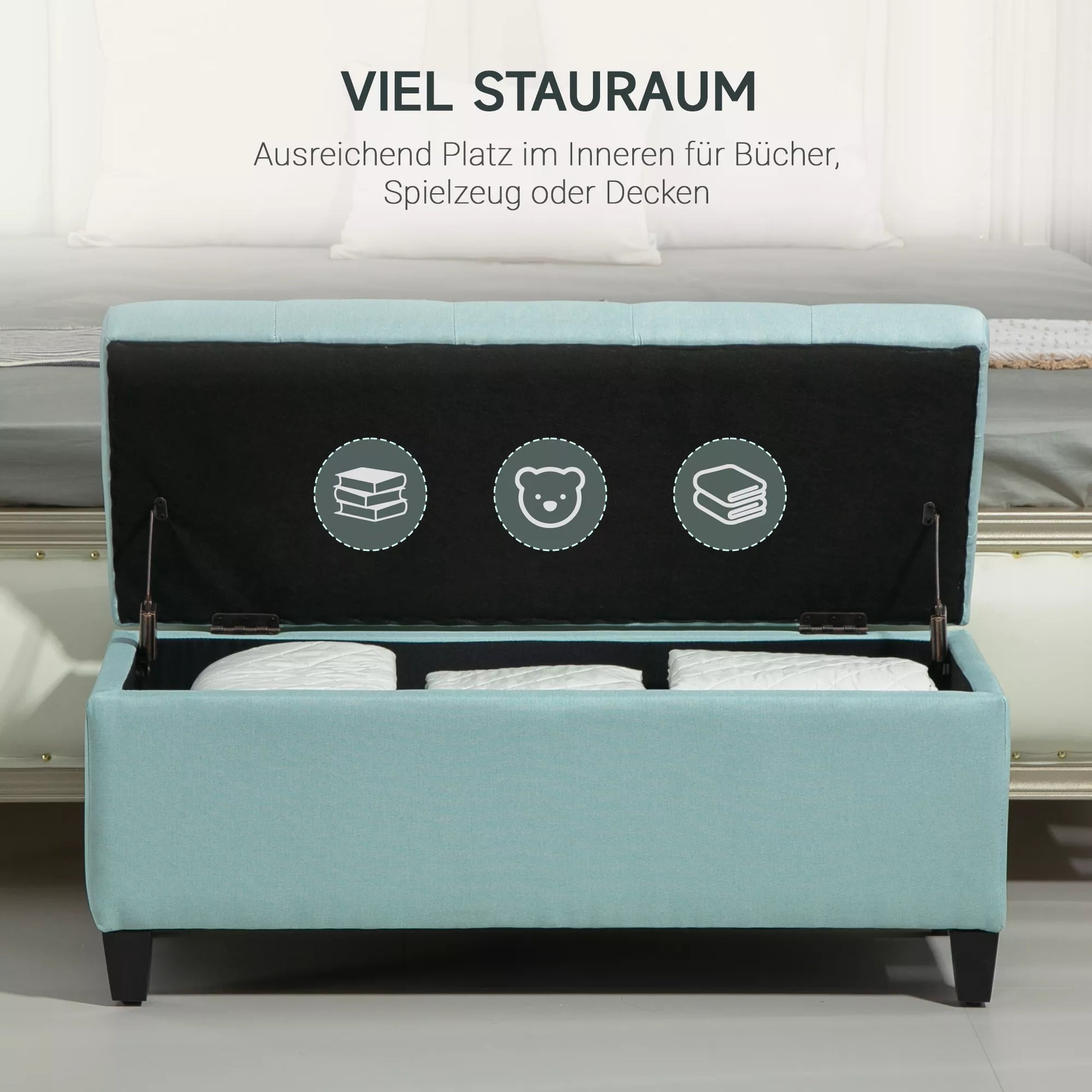 Suoliukas, minkštas suoliukas su daiktų laikymo dėže, lino tipo poliesteris, kaučiukmedis, 100 x 40 x 44 cm, žalias