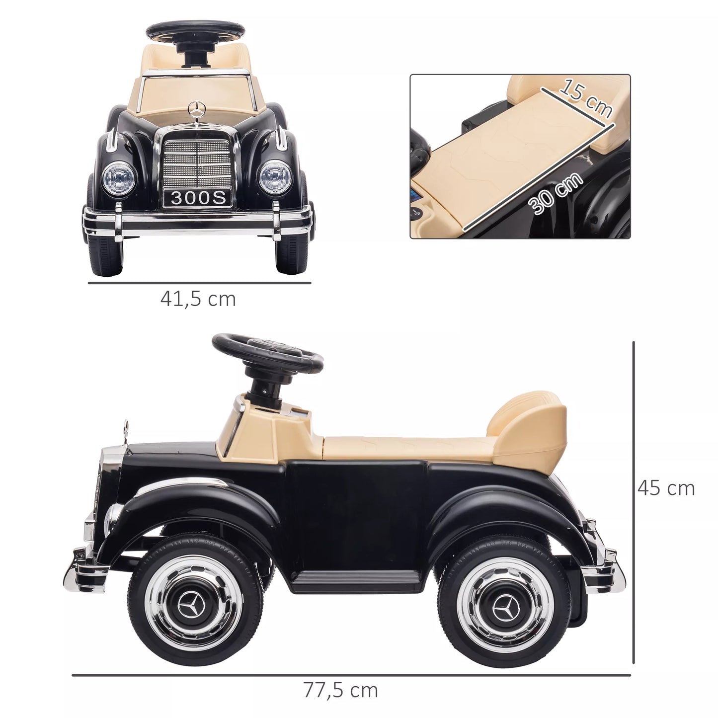 Vaikiška stumiama mašinėlė Mercedes Benz 300 S dizaino, juoda