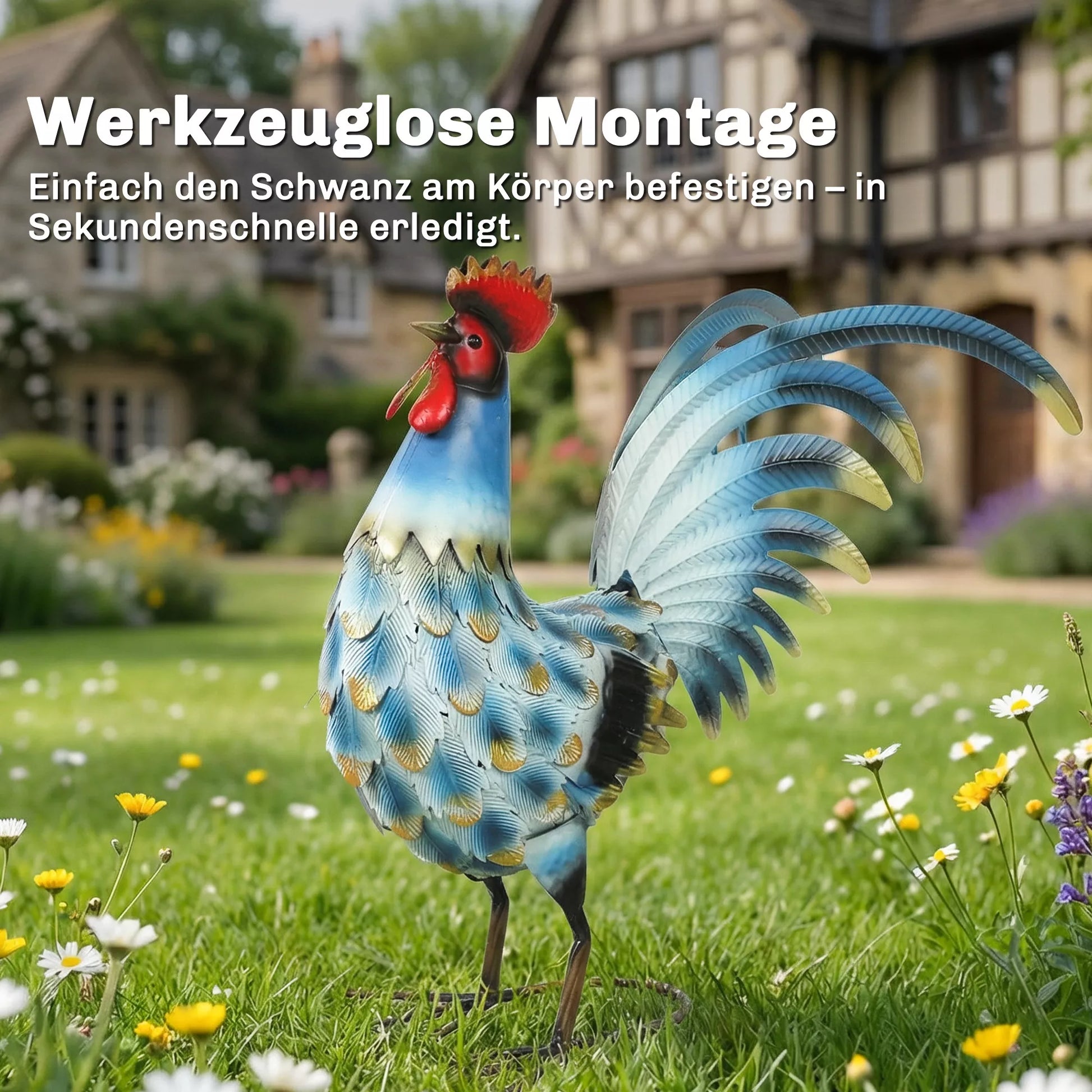 Gaidžio sodo statula, metalinė sodo figūra, 41 cm aukščio gaidžio skulptūra su tvirtinimo elementais, įvairių spalvų