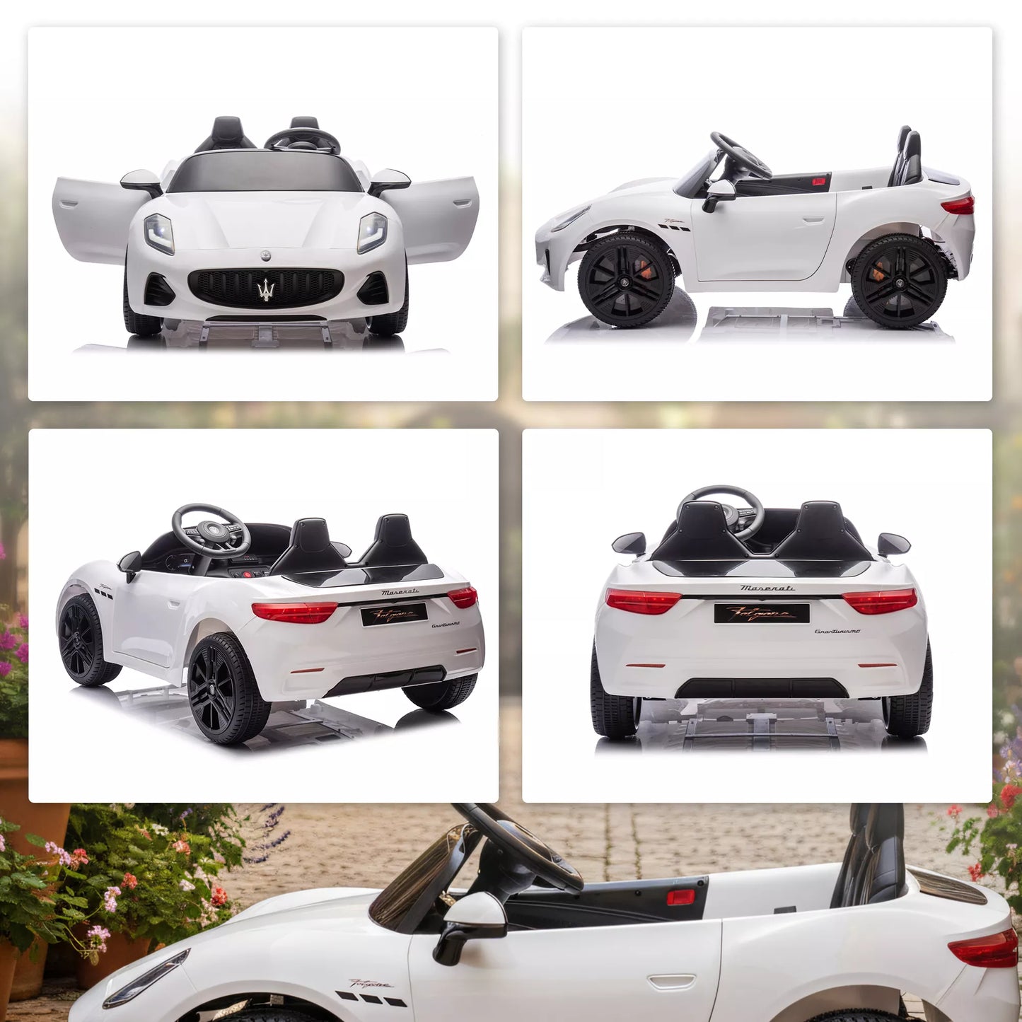 Maserati elektrinis automobilis vaikams, 2 vietų, 12 V baterija, nuotolinio valdymo pultas, LED žibintai, muzikos funkcija, baltas