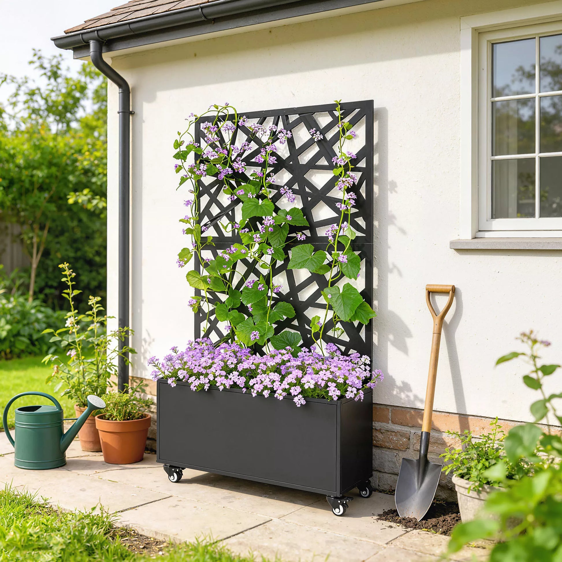Gėlių dėžė su apsauga nuo žvilgsnių Augalų dėžė su ritininiu grotelėmis 90 x 30 x 160 cm Metalo Juoda