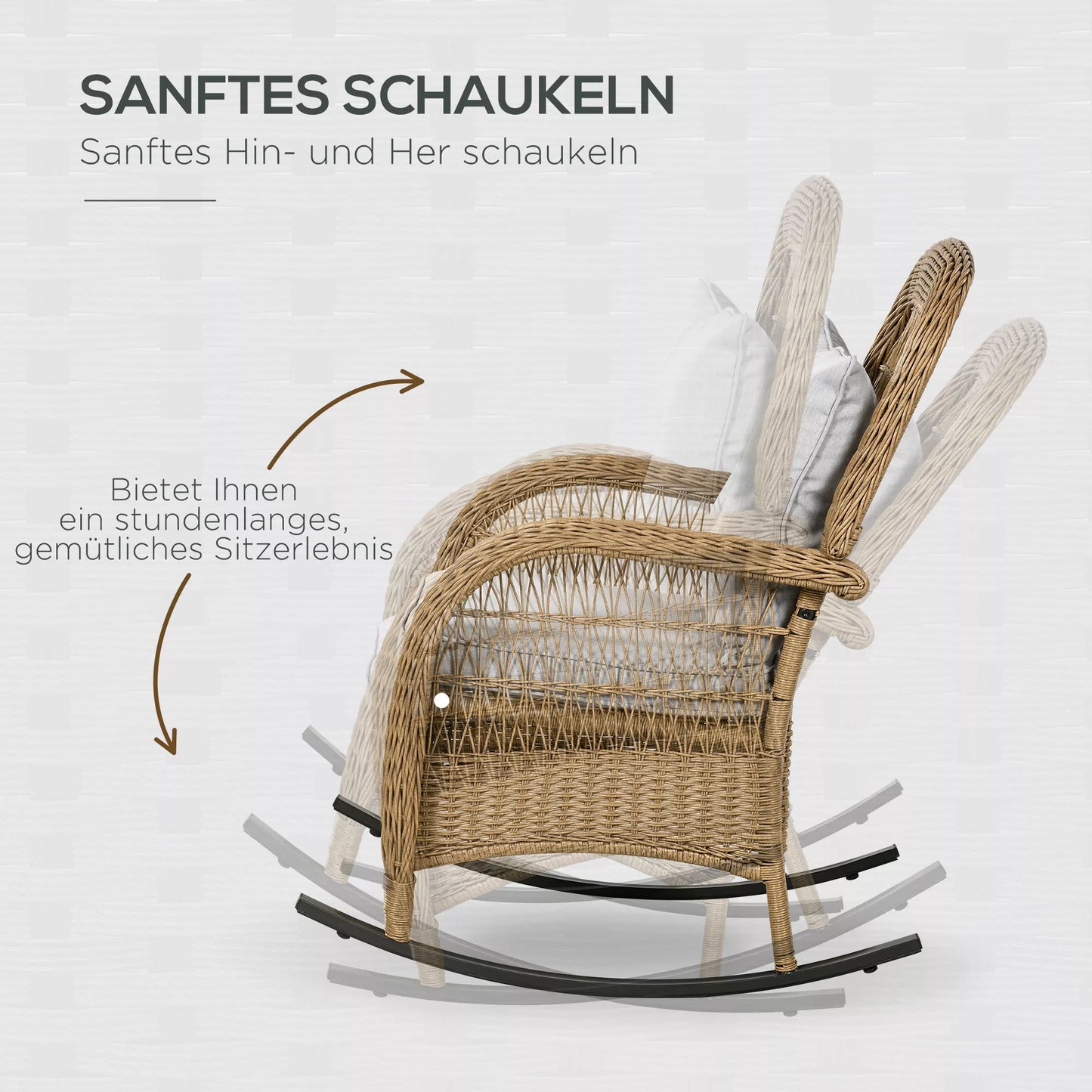 Boho stiliaus supamasis krėslas, PE rotangas, rotango supamasis krėslas, plaunami apmušalai, natūralus + šviesiai pilkas