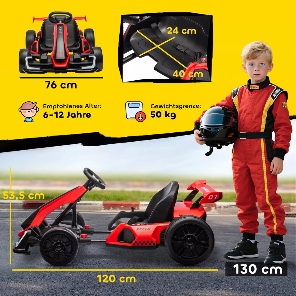 Go-Kart vaikams, elektrinis kartas su signaline ir muzikos funkcija, reguliuojama sėdynė, greitis iki 12 km/h, plastikas, metalas, raudonas