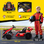 Go-Kart vaikams, elektrinis kartas su signaline ir muzikos funkcija, reguliuojama sėdynė, greitis iki 12 km/h, plastikas, metalas, raudonas