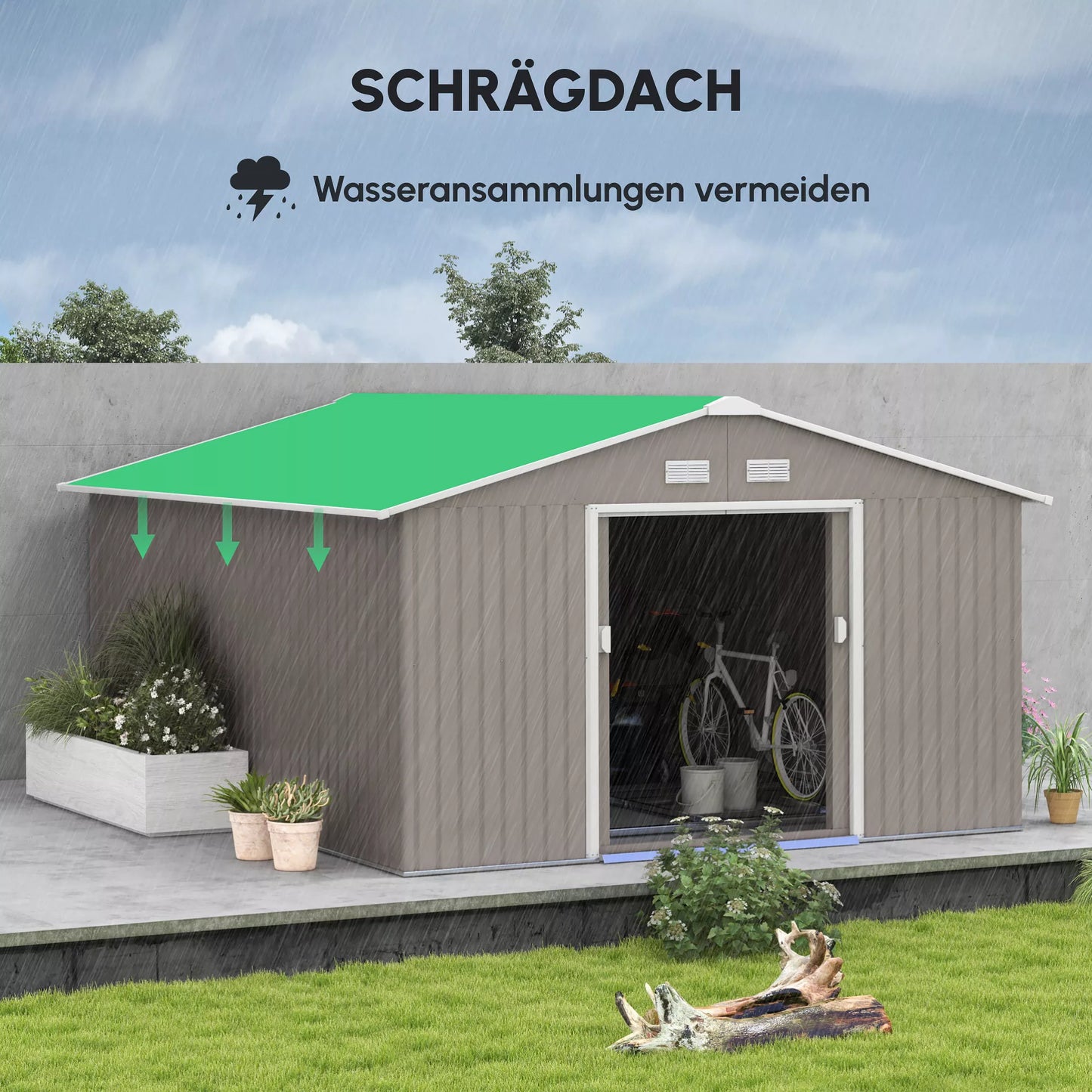 Sodo namelis įrankiams, atsparus oro sąlygoms, su ventiliacijos langeliais, stumiamosiomis durimis, plienas, šviesiai pilkas