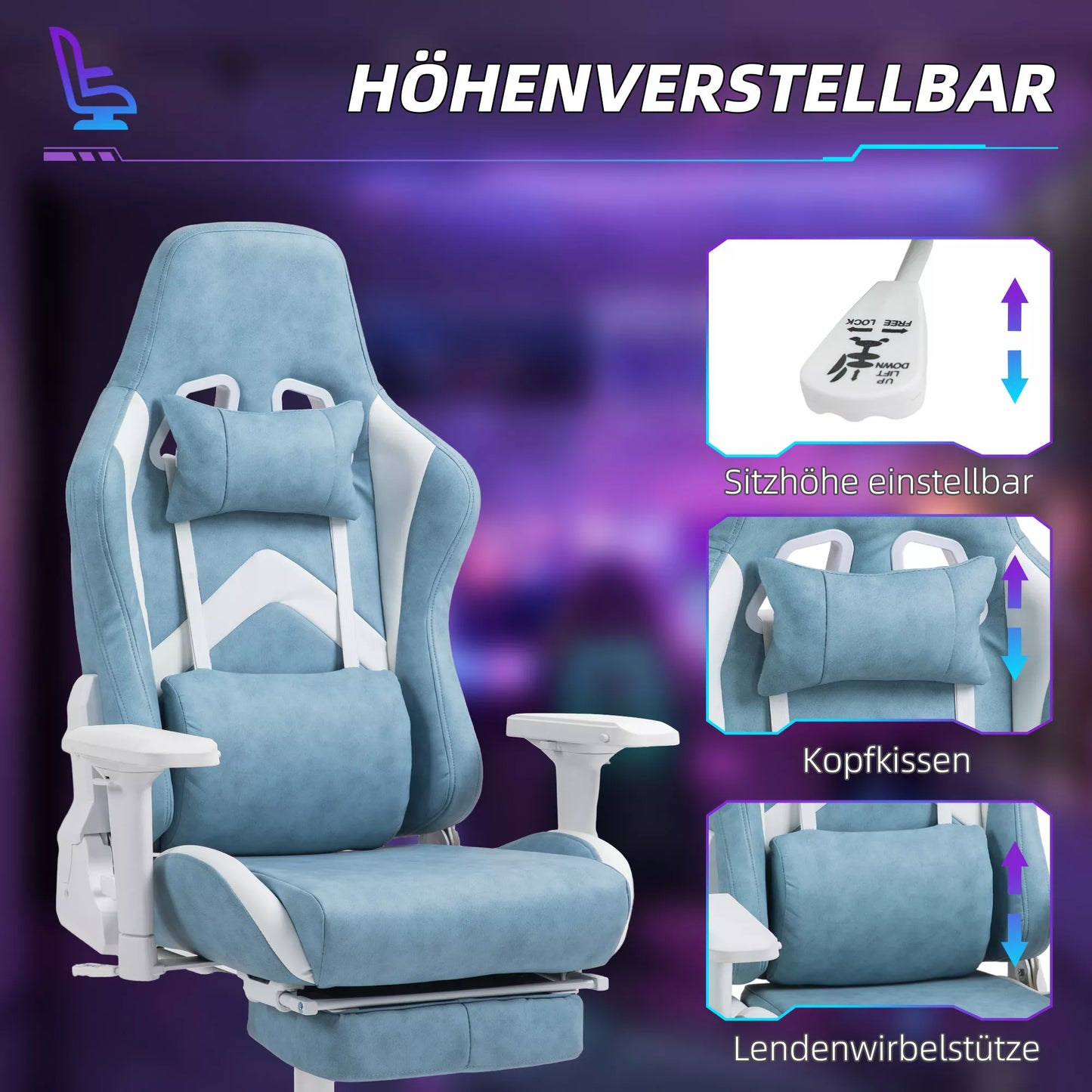 Žaidimų kėdė, reguliuojami porankiai ir atlošas, dirbtinės odos apmušalas, iki 120 kg, mėlyna