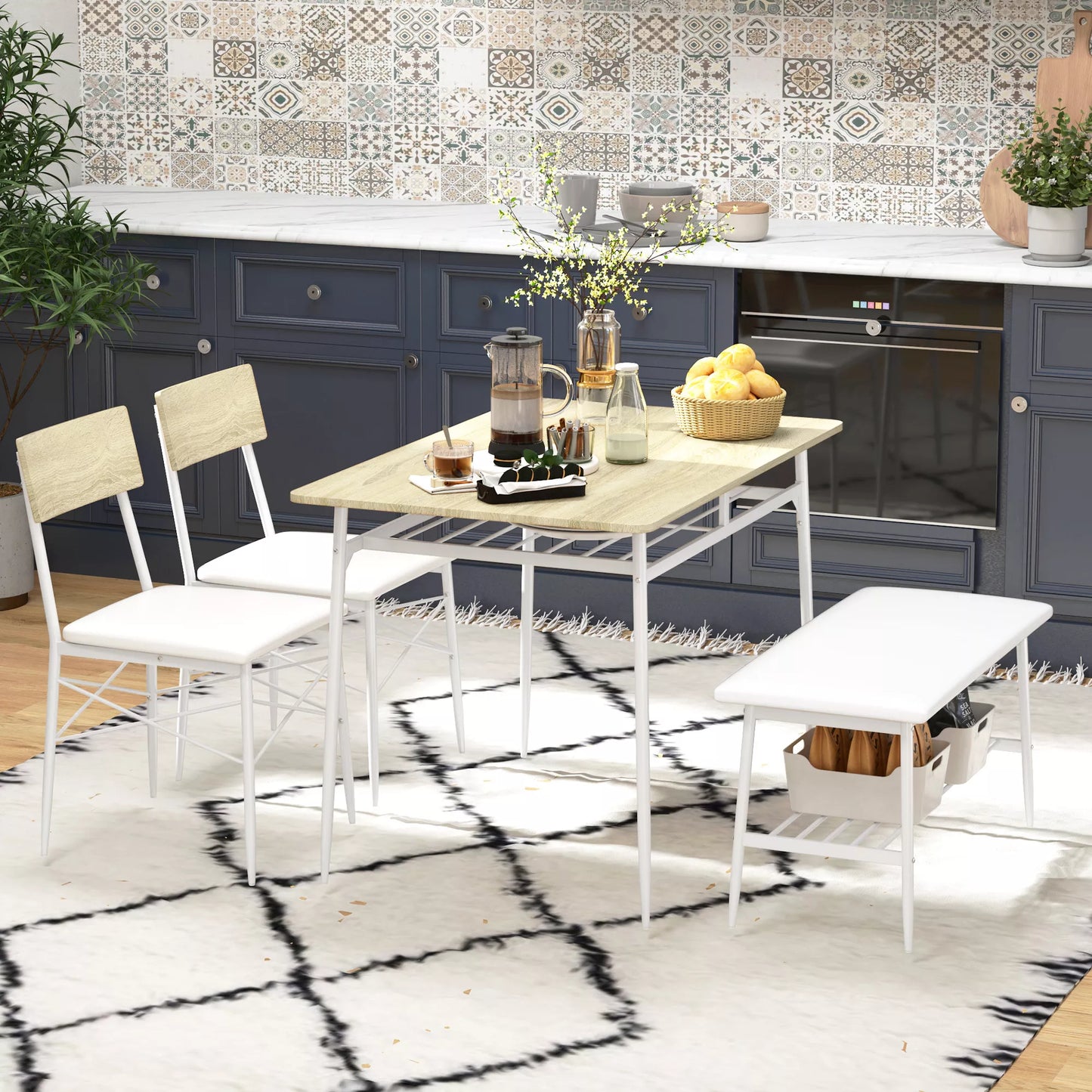 4 dalių valgomojo stalo komplektas su kėdėmis ir suoliuku 4 asmenims, paminkštintos sėdynės, plieninis rėmas, mediena, ąžuolas