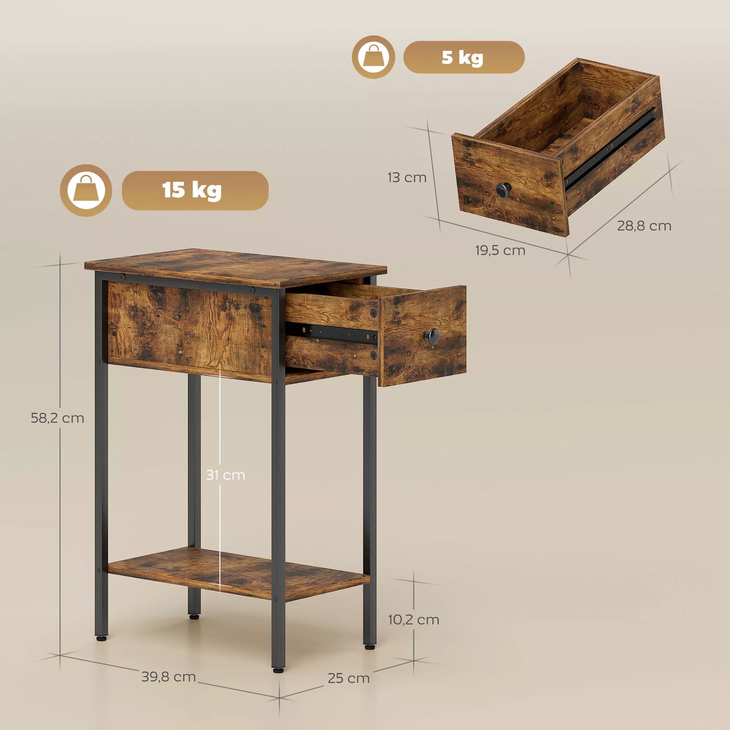 Pagalbinis staliukas su atviru skyriumi ir stalčiumi, naktinis staliukas, metalinės kojelės, medžio, rudas