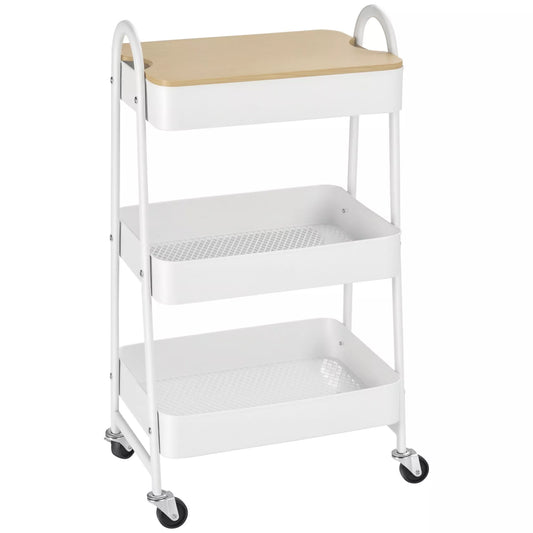 3 pakopų patiekalų vežimėlis virtuvės vežimėlis su ratukais rankena virtuvės lentyna su krepšiu ir dangčiu riedantis vežimėlis universalus vežimėlis virtuvei biurui vonios kambariui, baltas
