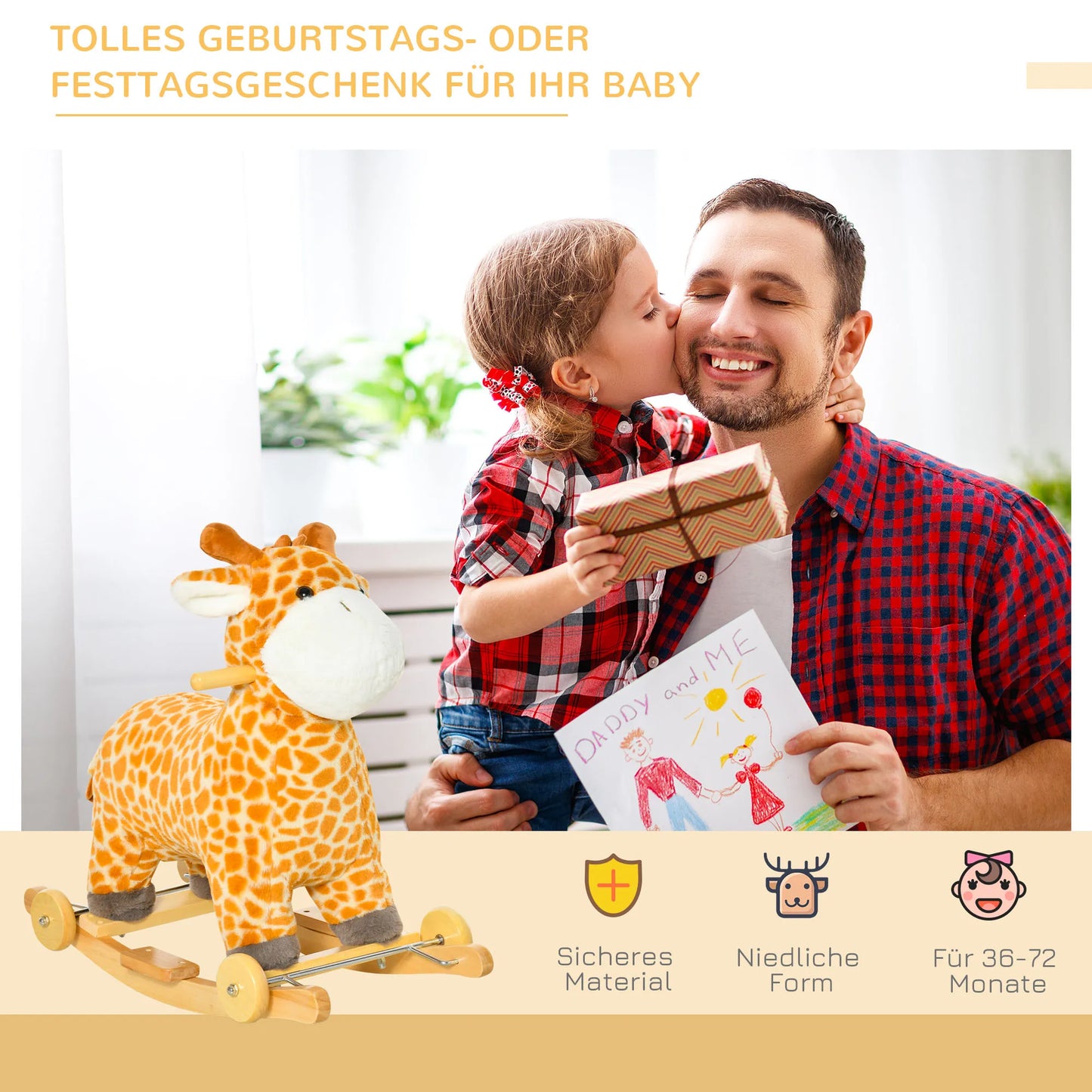 Sūpynės žirafos su garso efektu, ratukais, rankenėlėmis Pliušiniai kūdikių sūpynės Sūpynės sėdynė kūdikiams nuo 3 iki 6 mėnesių