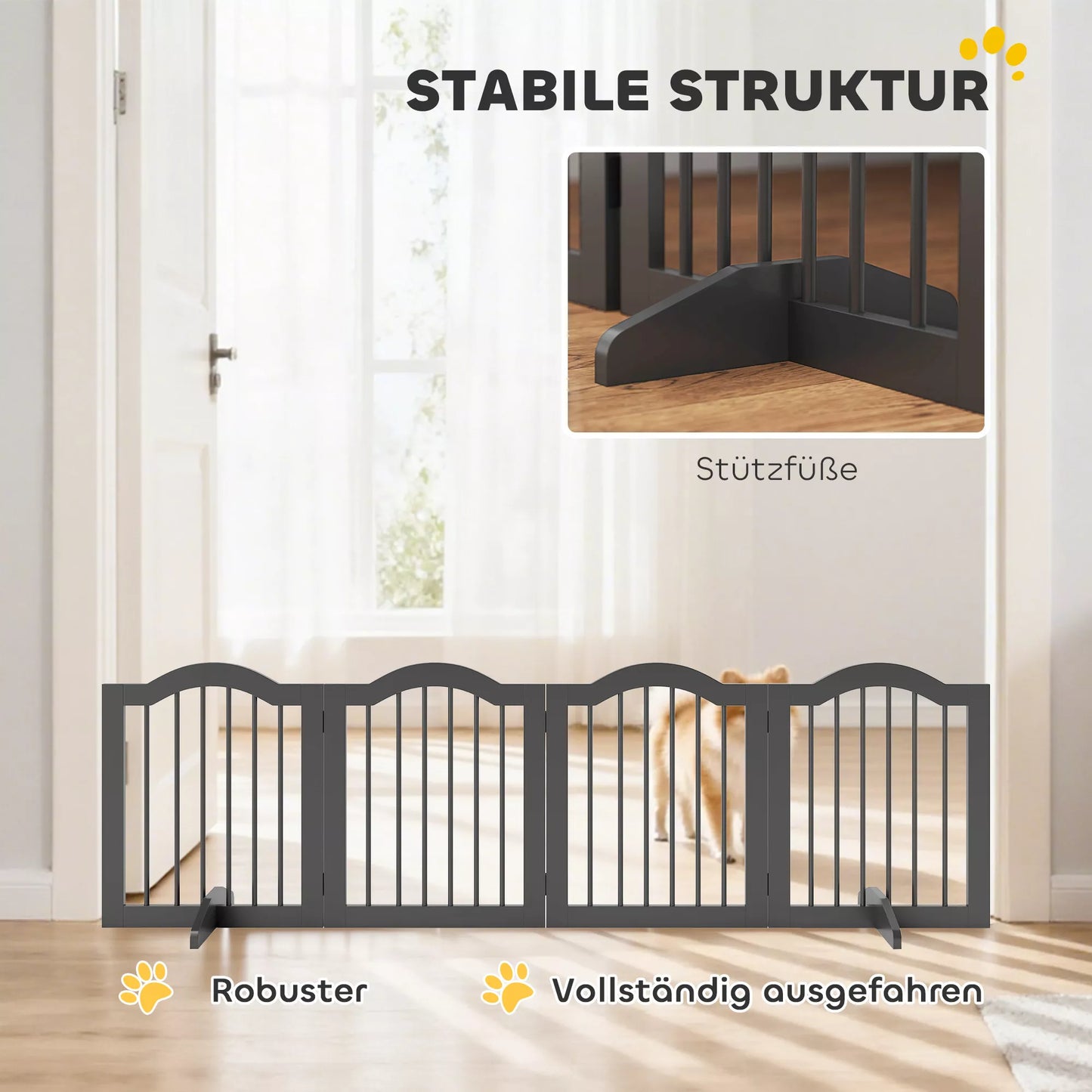 Apsauginė tvora šunims Laisvai stovinti apsauginė tvora su kojomis, sulankstoma tvora šunims, 4 paneliai, 208 x 29,5 x 61 cm, juoda