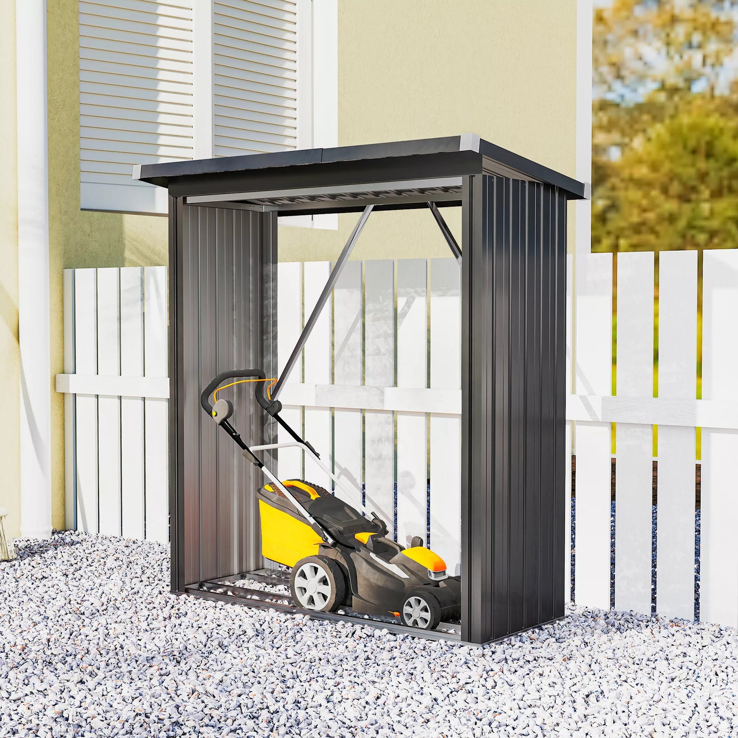 Malkinė, malkų stoginė, plienas, paaukštintos grindys, šlaitinis stogas, 150 x 66,5 x 150 cm, tamsiai pilka