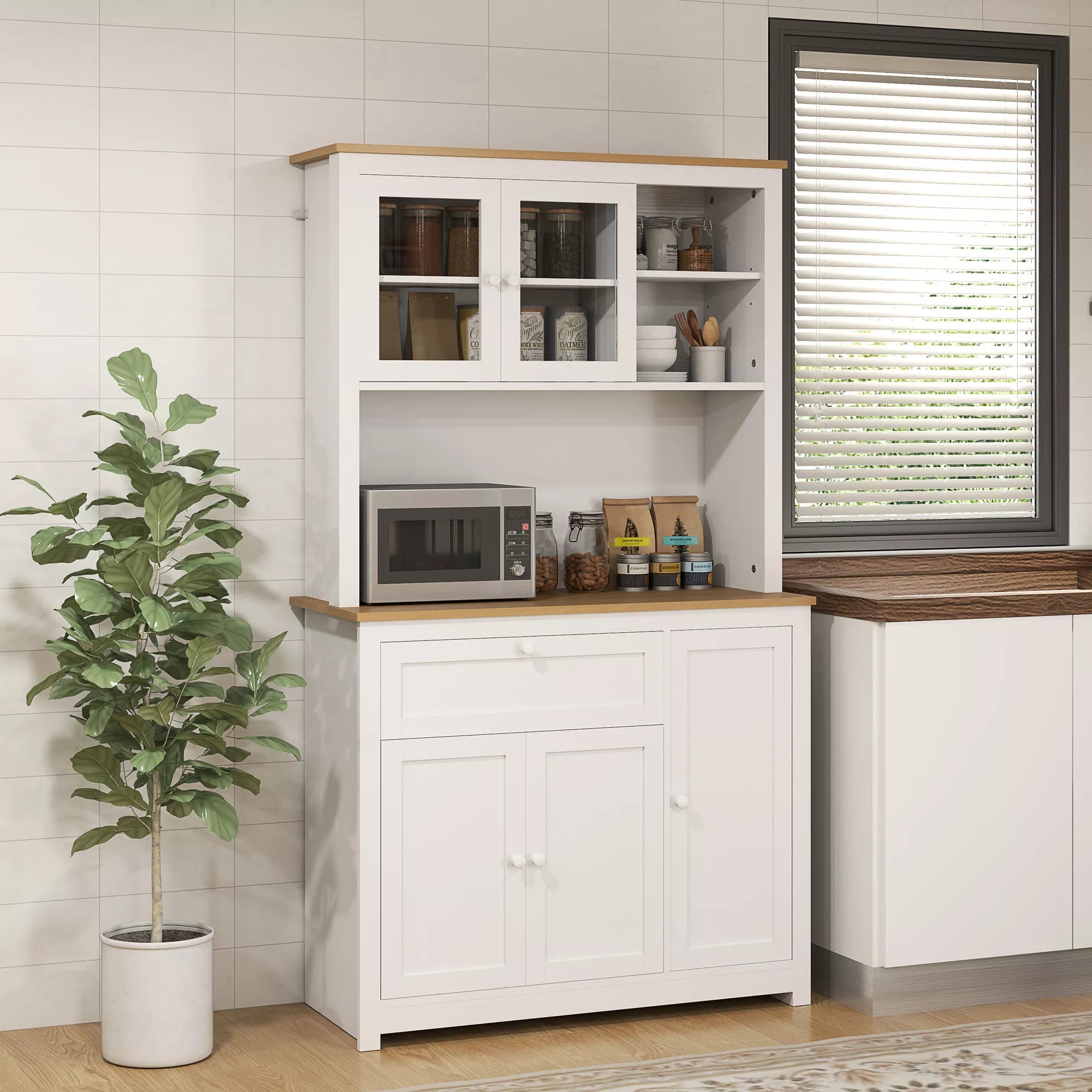 Virtuvės spintelė kaimiško stiliaus, 1 vitrina, 1 atvira lentyna, 1 stalčius, 2 spintelės, natūrali spalva + balta