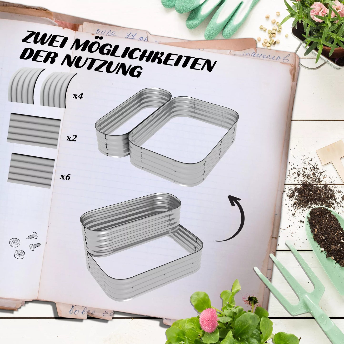 Pakeltas lysvės, metalinis, 2 aukštų, atsparus oro sąlygoms, atviras dugnas, 120 x 90 x 30 cm, spalva: Sidabrinė