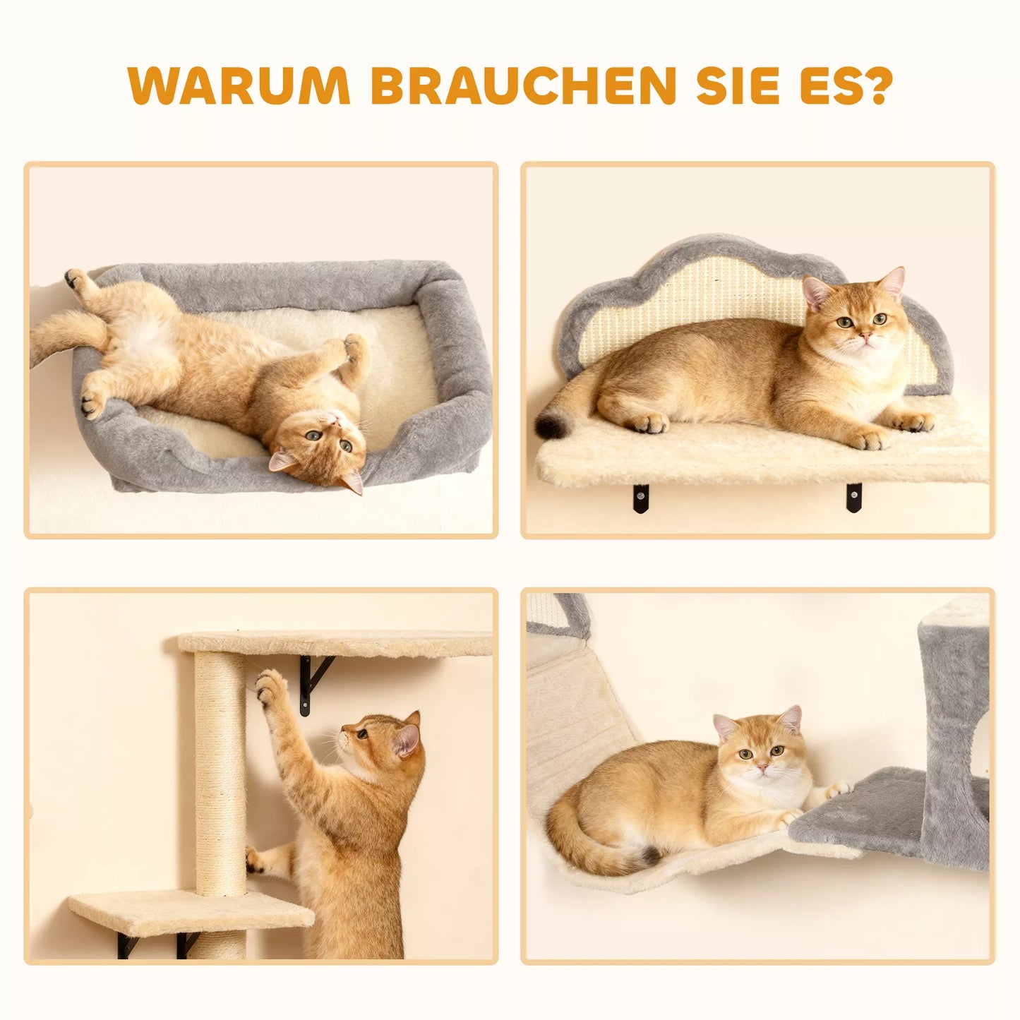 Sieninis katės draskyklių komplektas, su sizaliniais draskymo paviršiais, 4 dalys, 1-3 katėms, smėlio spalvos