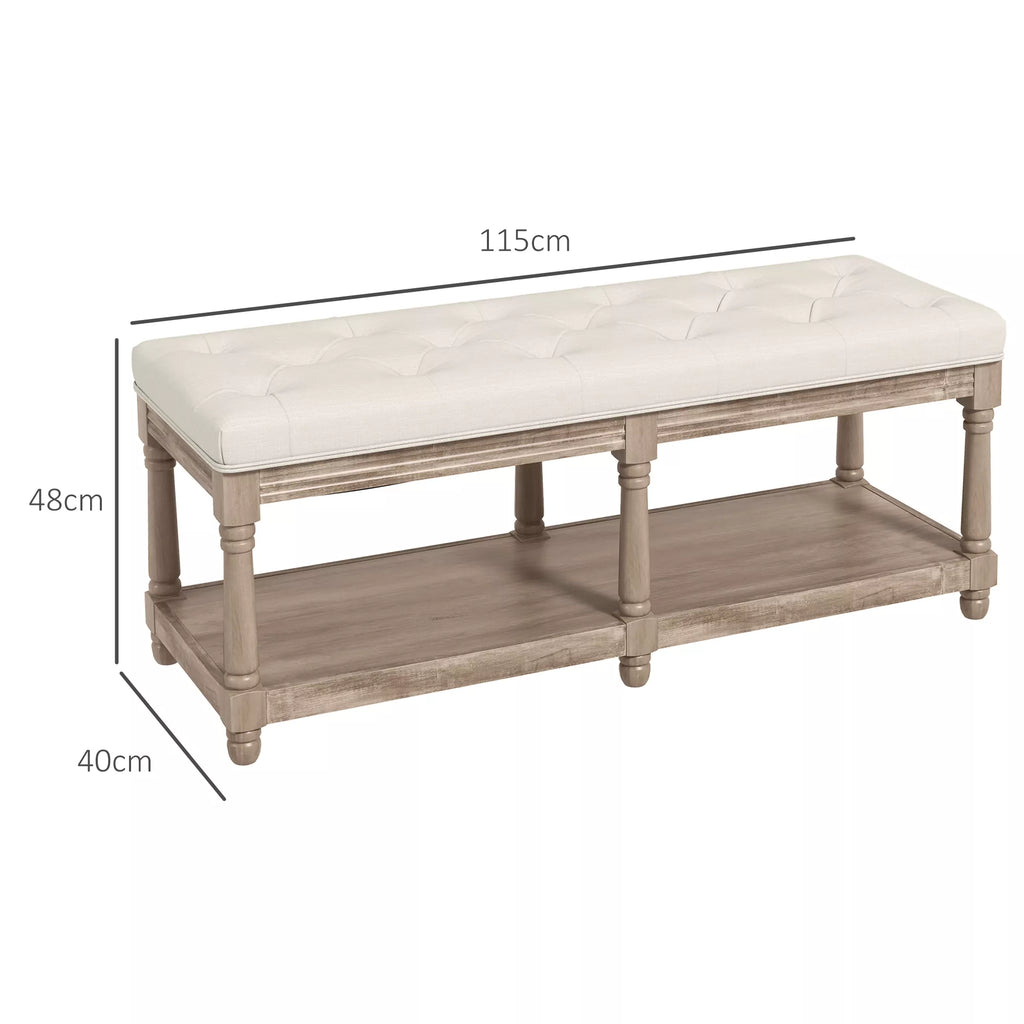 HOMCOM Suoliukas su daiktadėže, vintažinio dizaino, su sagčių apdaila, pagamintas iš kaučiukmedžio, 115x40x48cm, kreminės baltos spalvos