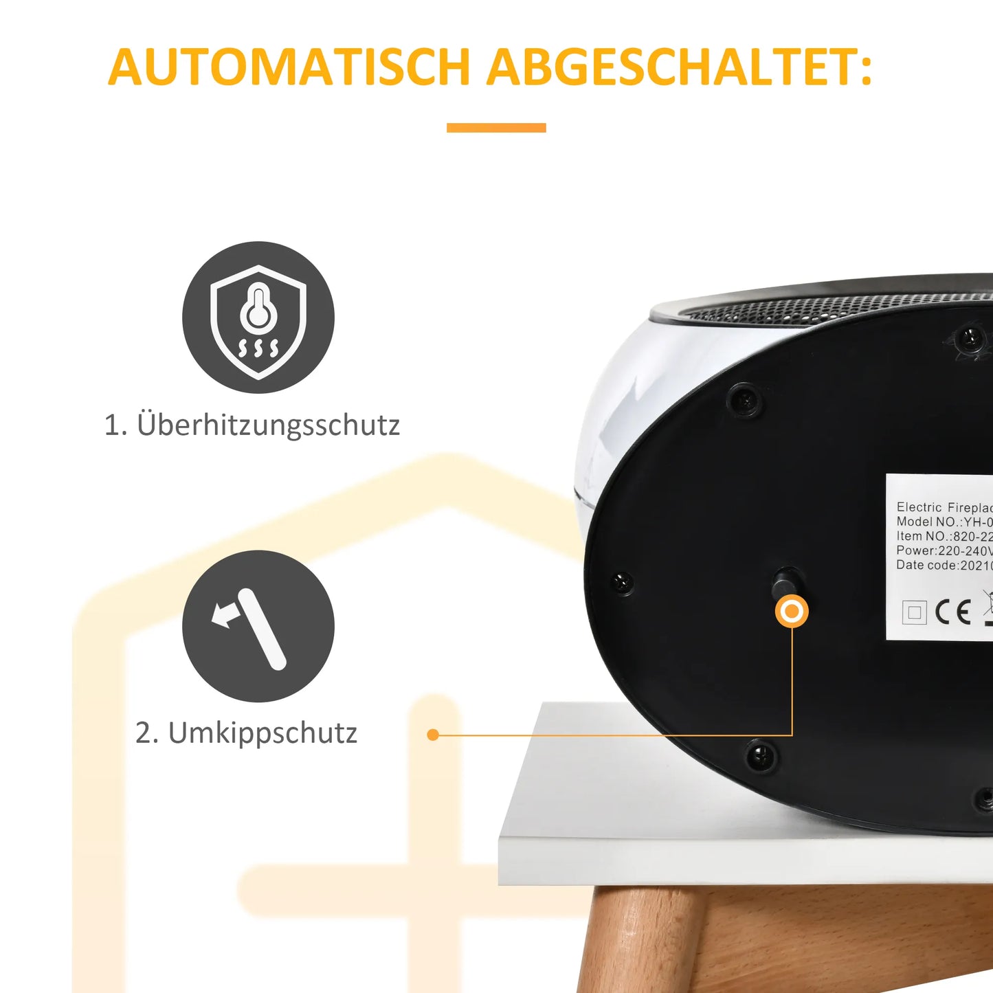 LED elektrinis židinys Mini, stalinis, pastatomas, su liepsnos efektu 1500W ABS plastikas, baltas 30,5 x 18 x 35 cm