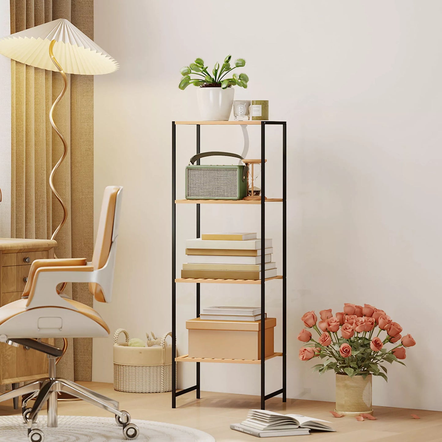 Pastatoma lentyna, 4 aukštų vonios lentyna, knygų lentyna, bambukas ir plienas, 36,5x33x110 cm, natūrali