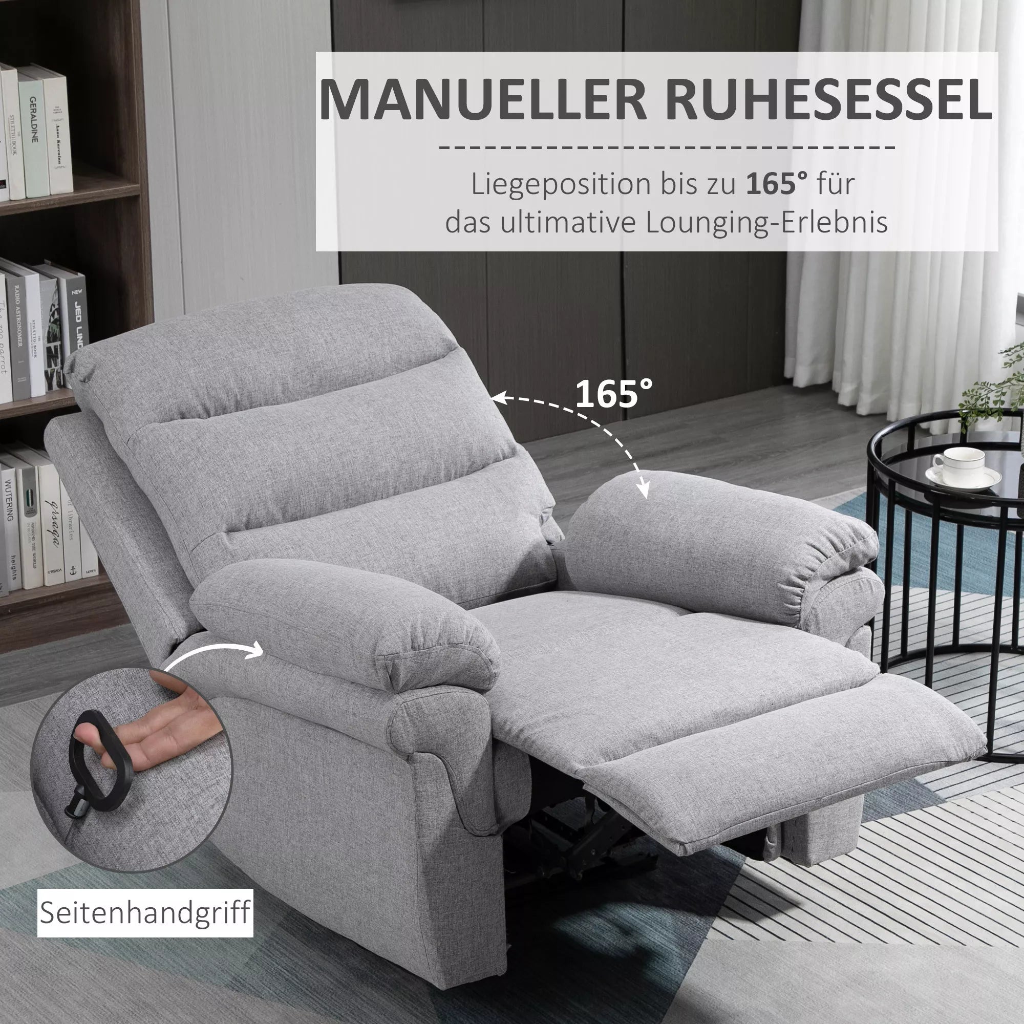 HOMCOM fotelis su atlošimo funkcija, vienvietė sofa, reguliuojamas, atsidaro 165°, poilsio fotelis, televizijos fotelis, skirtas svetainei, miegamajam, lininio audinio imitacija, šviesiai pilkos spalvos, 91 x 92 x 102 cm
