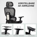 Infografika su juodos ergonominės biuro kėdės 3D reguliuojamais porankiais ir jų kryptimis
