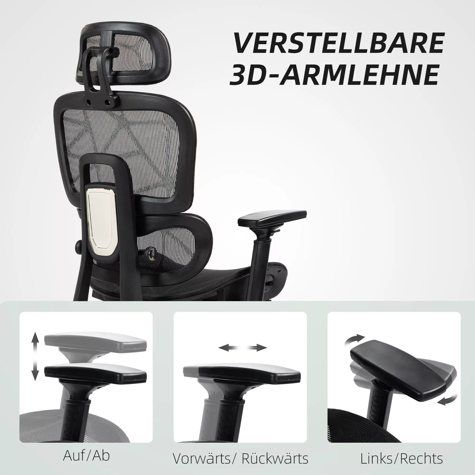 Infografika su juodos ergonominės biuro kėdės 3D reguliuojamais porankiais ir jų kryptimis