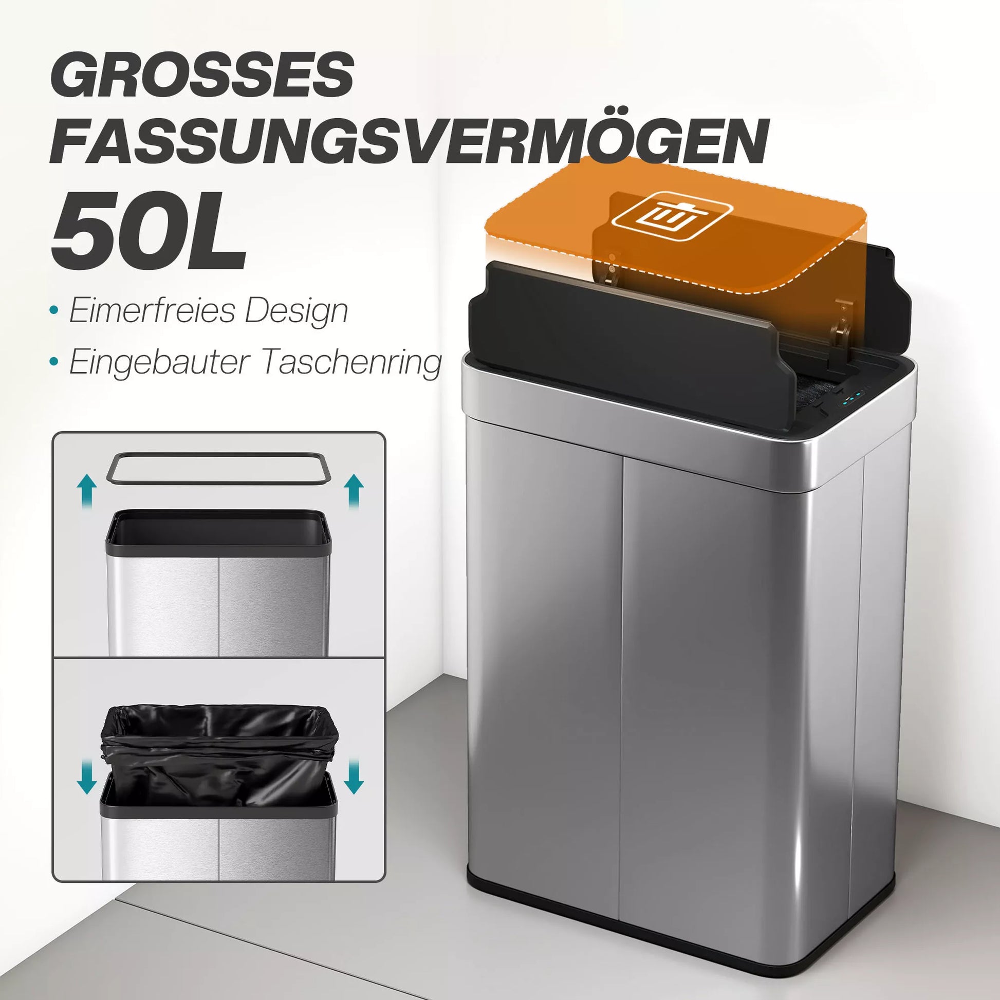 Jutiklinis šiukšlių konteineris, 55 l talpos, su drugelio formos dangčiu, atsidaro automatiškai, nerūdijančio plieno, sidabrinės spalvos