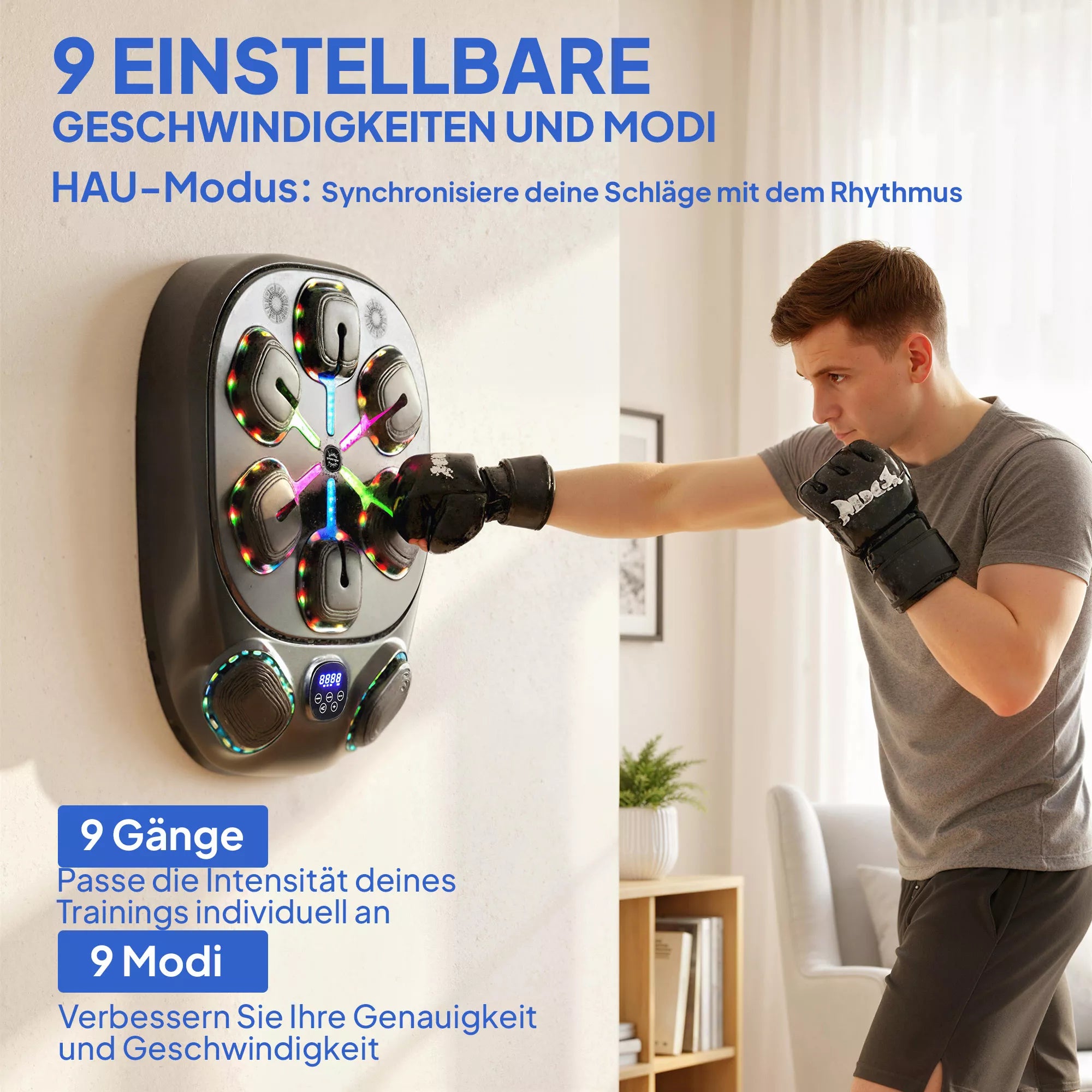 Music Boxing Machine, elektroninė LED bokso mašina su dvigubomis smūgių zonomis, „Bluetooth“ pirštinėmis ir 9 greičiais
