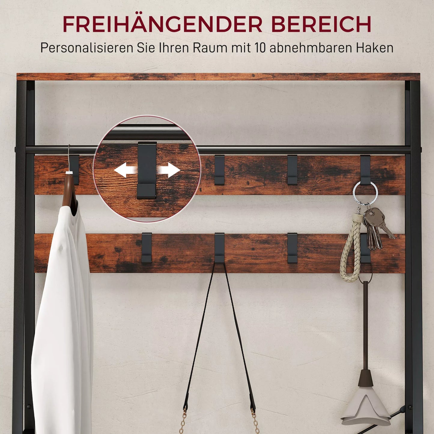 Drabužių kabykla su batų lentyna, palto stovas su suoliuku, 10 kabliukų, 2 audinių stalčiai, drabužių strypas, medžio drožlių plokštė, metalas, ruda