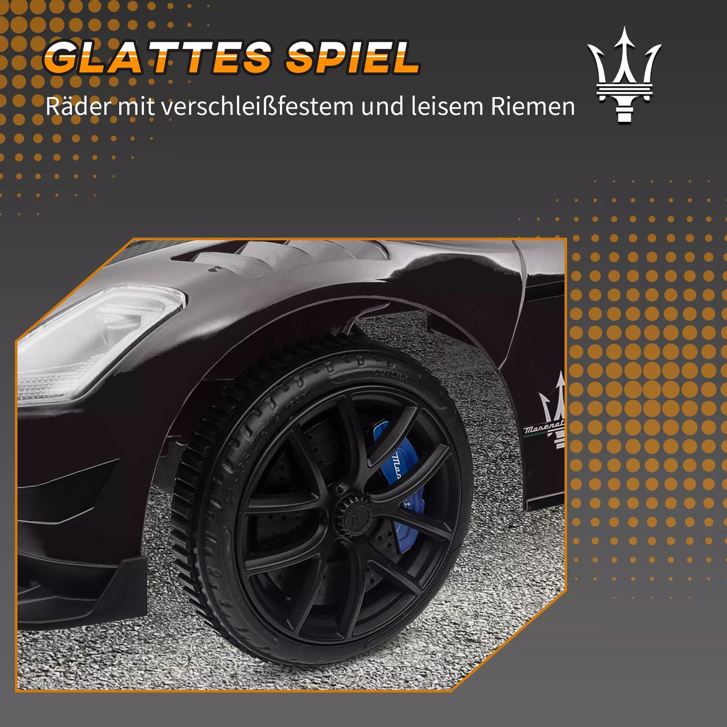 Paspiriamas automobilis Maserati, laikymo vieta, garsinis signalas ir muzika, tyliai riedančios padangos, nuo 1,5 iki 5 metų, iki 25 kg, juodas