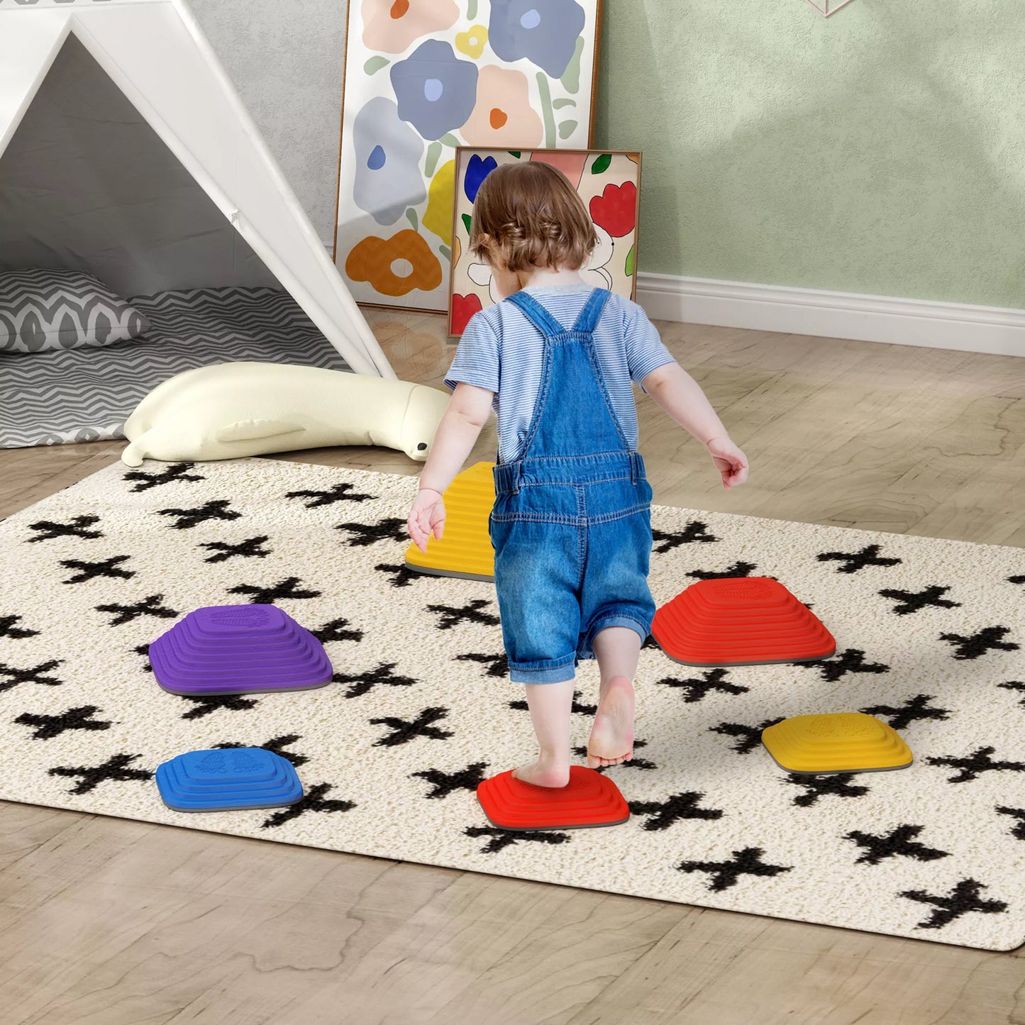 Balanso akmenukai vaikams, 6 vnt., neslystantys, kliūčių ruožo takeliai, motorikai lavinti, plastikiniai, spalvoti