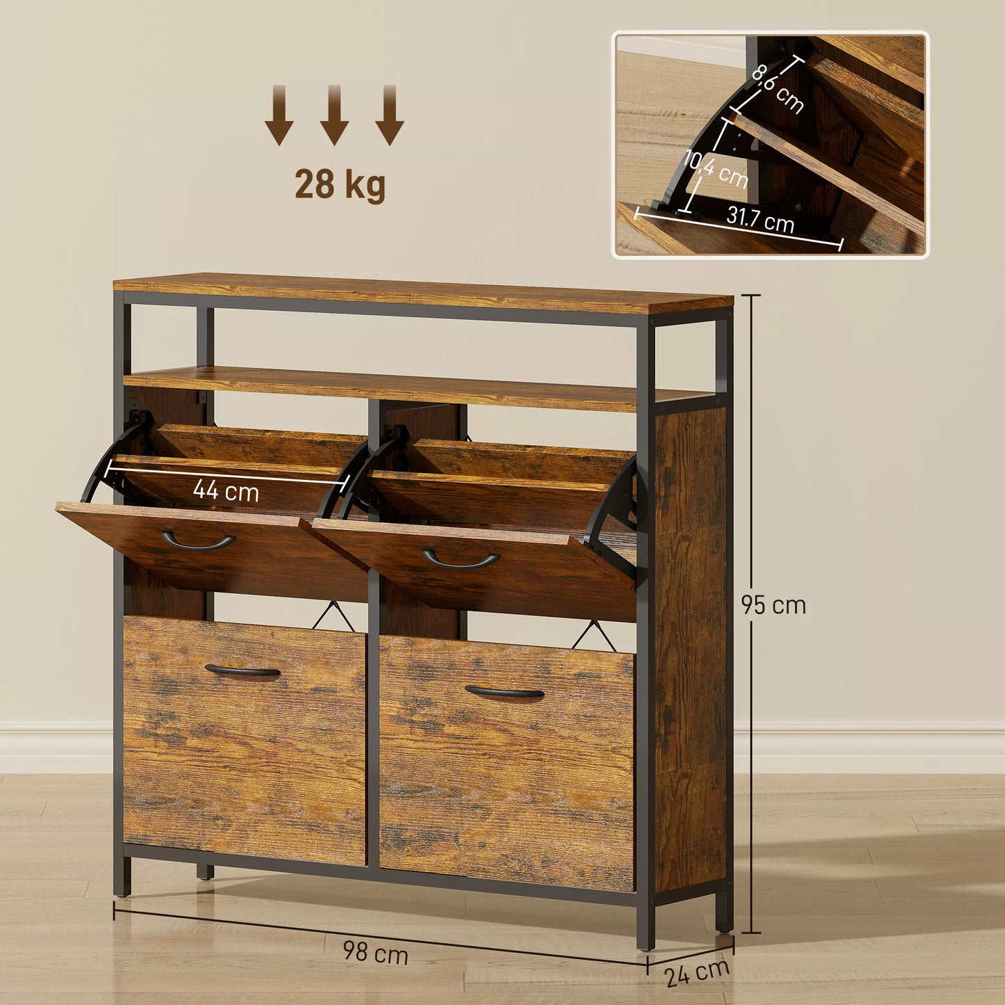 Siauros konstrukcijos batų spinta su 4 atlenkiamais stalčiais, atvira lentyna, talpa 12-20 porų batų, plieninė, ruda