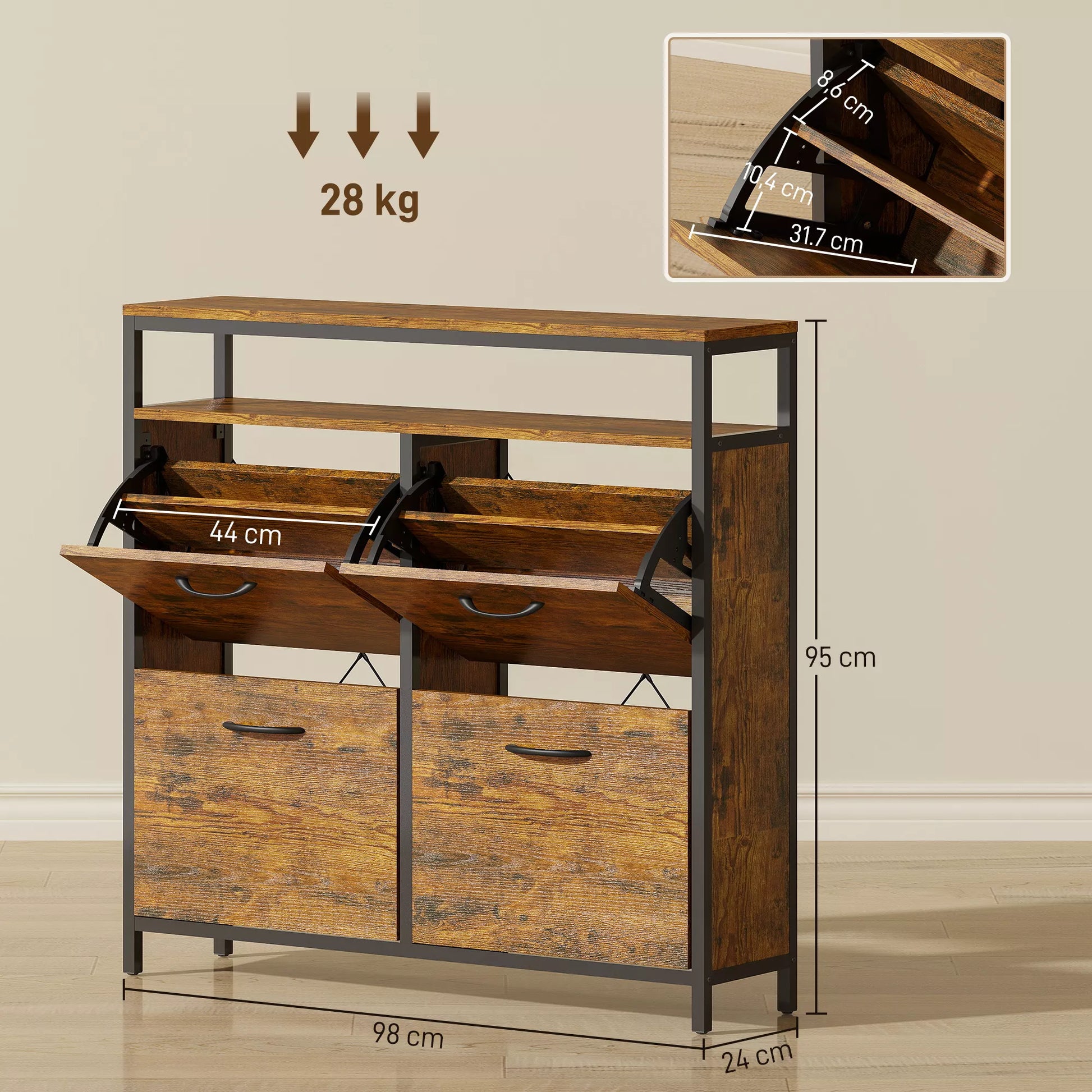 Siauros konstrukcijos batų spinta su 4 atlenkiamais stalčiais, atvira lentyna, talpa 12-20 porų batų, plieninė, ruda