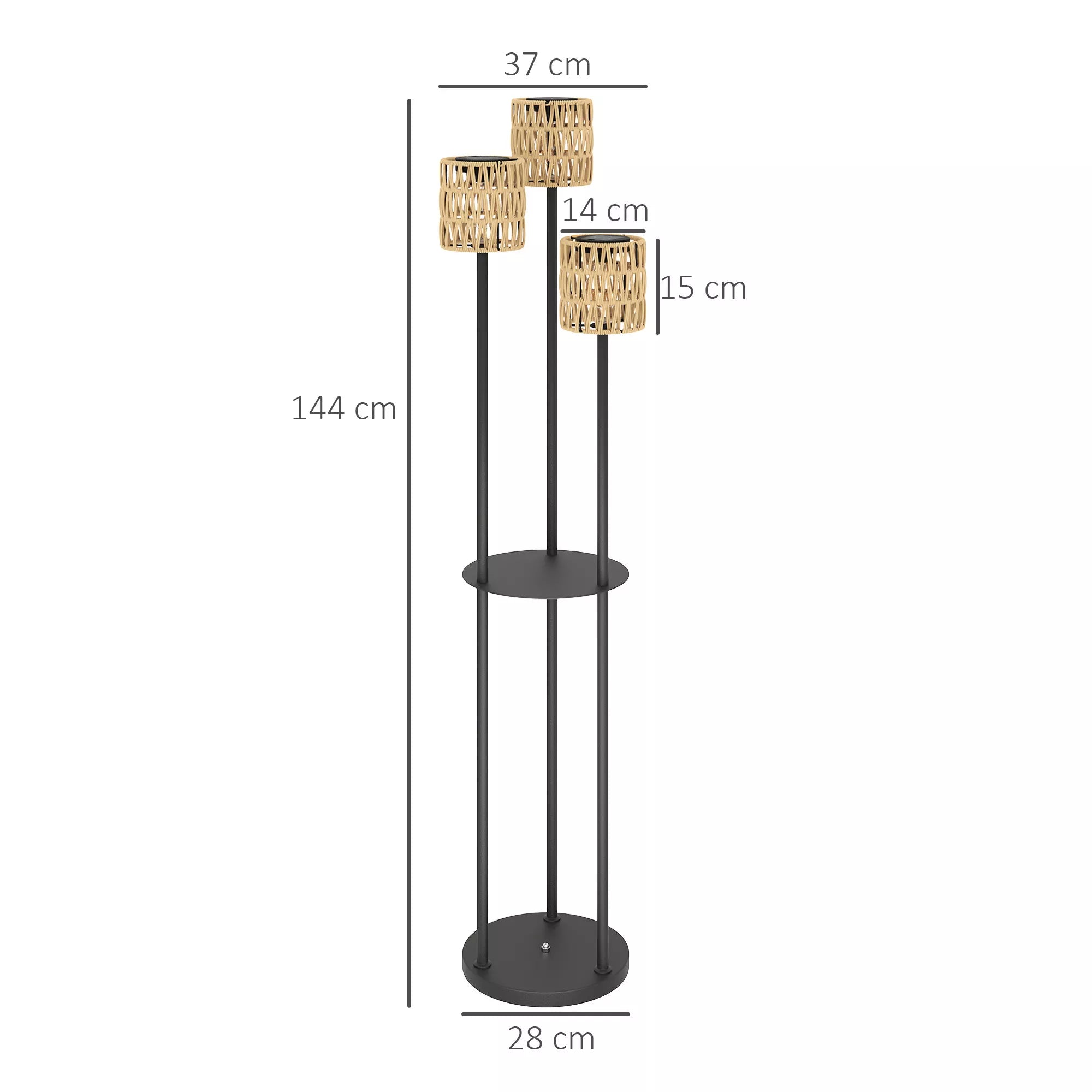 Lauko šviestuvo matmenų schema: 144 cm aukštis, 37 cm skersmuo, 28 cm pagrindo skersmuo